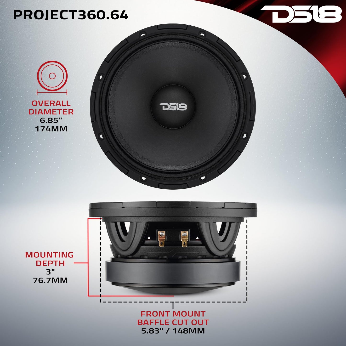 DS18 PROJECT360 Altavoz de sensibilidad alta de altura media de 6.5" - 300W RMS 4 Ohm - Diseño de recone rotativo para reparación rápida