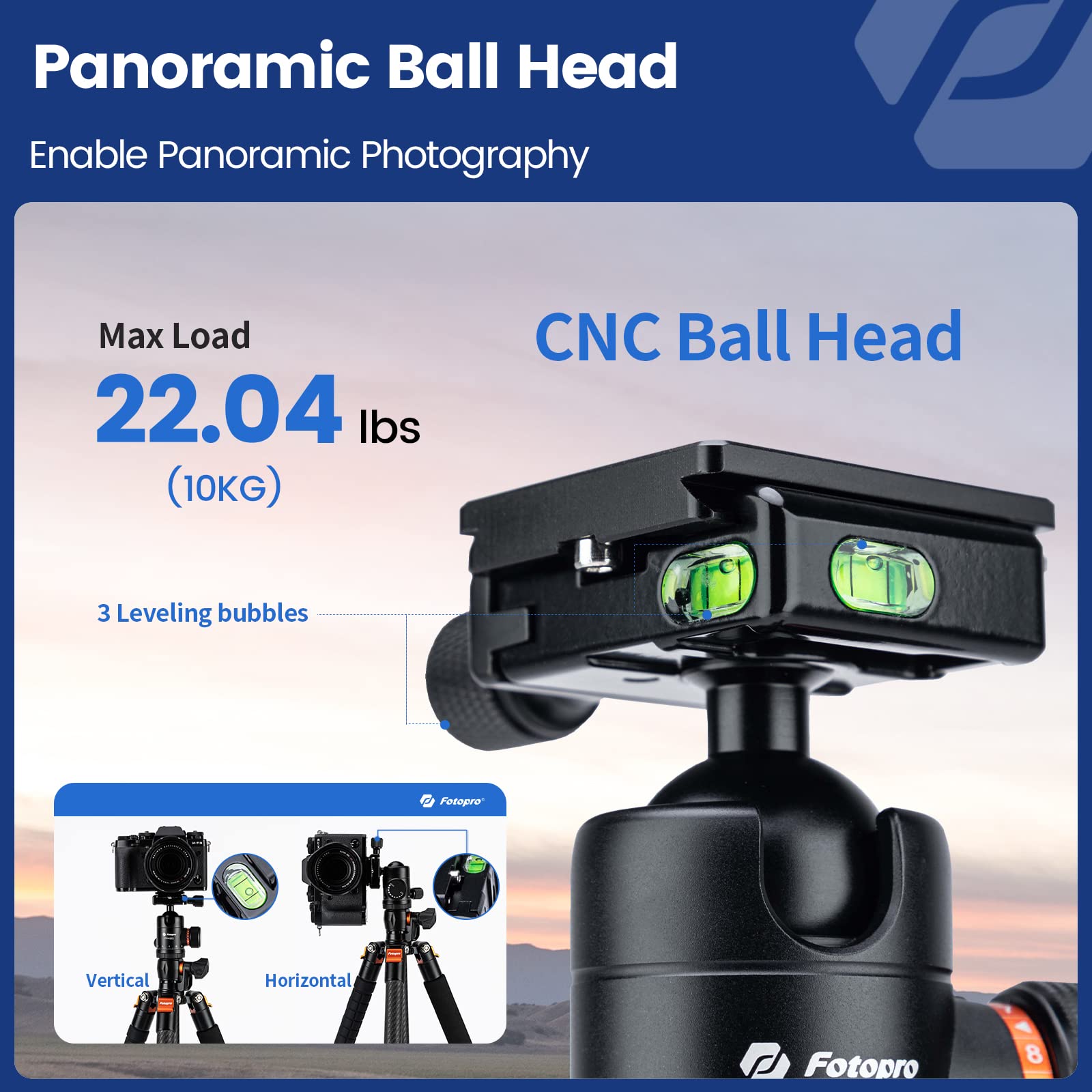 Fotopro - Trípode Horizontal de Fibra de Carbono, trípode de cámara de 75 Pulgadas con Cabezal de Bola de 360 Grados, Placa de liberación rápida para videocámara DSLR, trípode 2 en 1, Carga máxima de