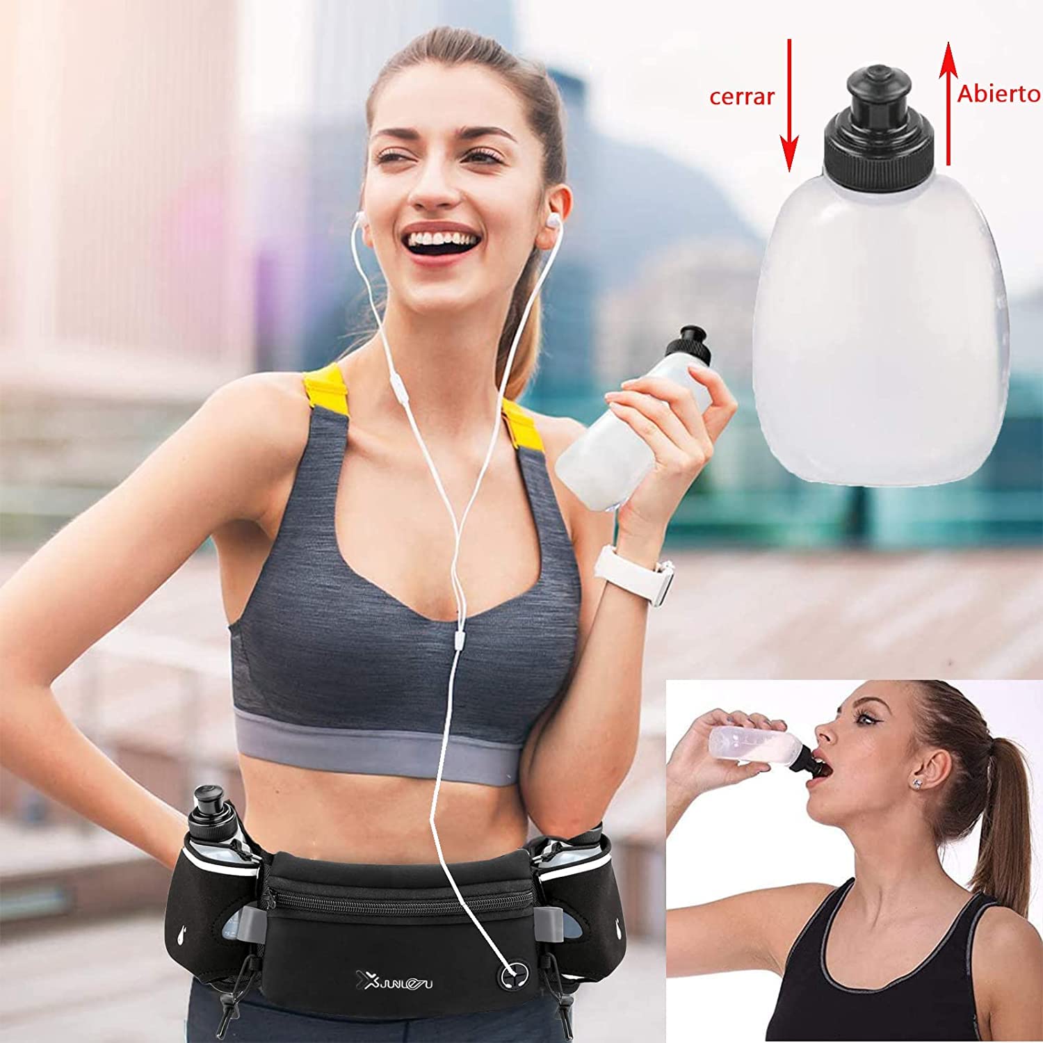 Cangurera Deportiva, Cinturón para Correr con Botella de Agua, Riñonera Deportiva con 2 Botellas de Agua, Bolsa Deportiva con Cinturón Regulable, Bolsillos de Auricular y Teléfono