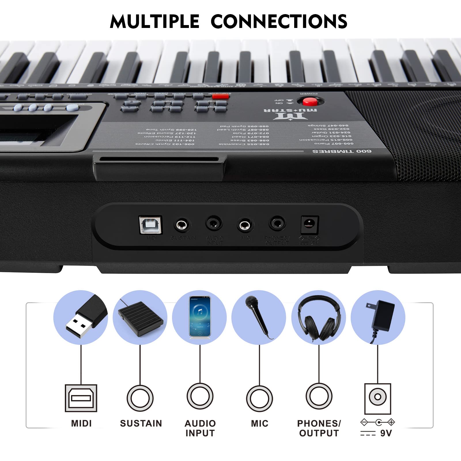 Teclado de Piano Mustar MEKS-500 61 Teclas Iluminadas Eléctrico para Principiantes
