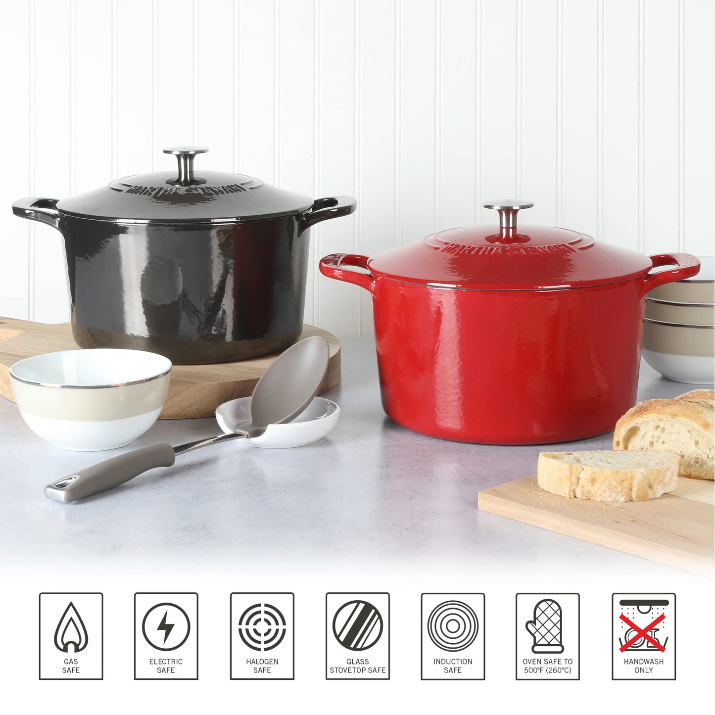 MARTHA STEWART Gatwick - Horno holandés de hierro fundido esmaltado de 7 cuartos de galón, color gris