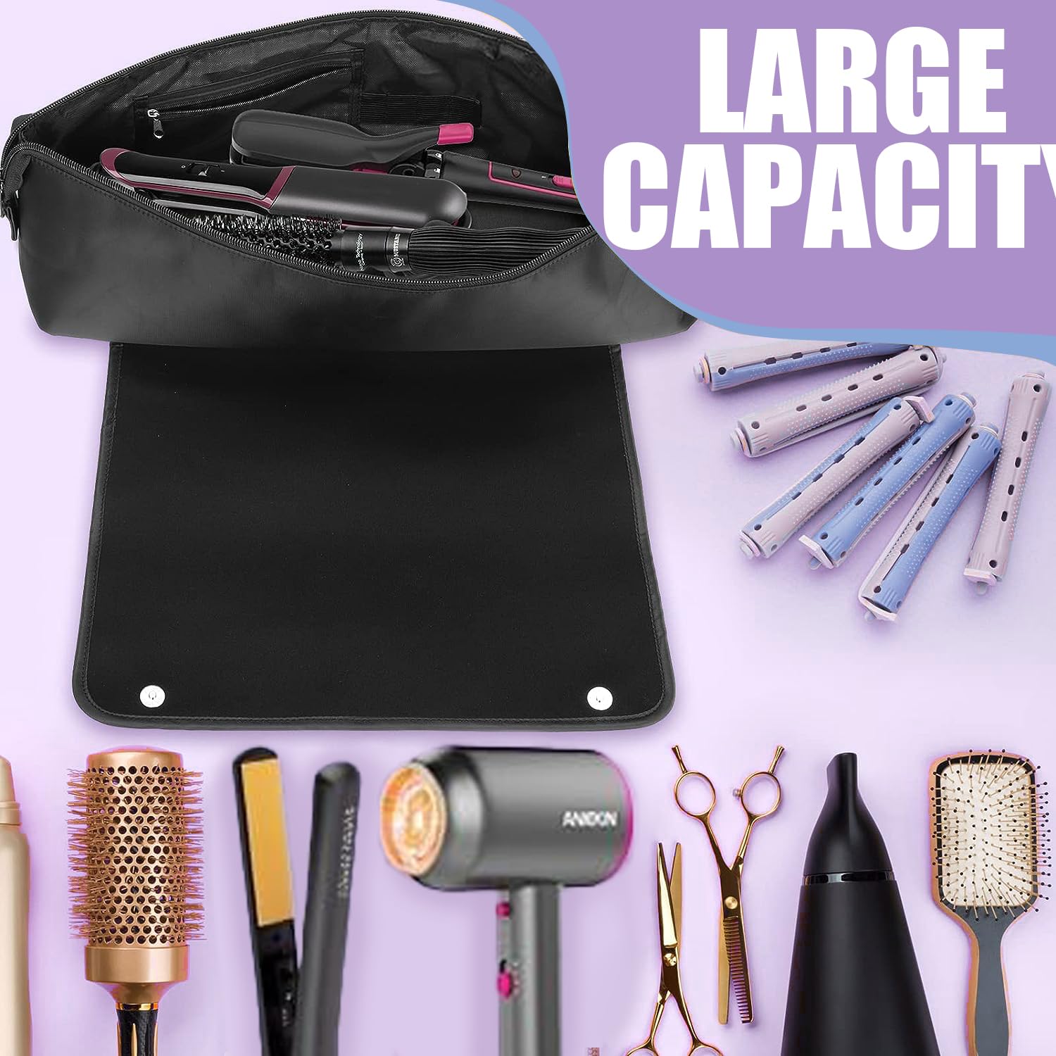 Hair Tools - Bolsa de viaje, funda de viaje de hierro plano 2 en 1 con almohadillas resistentes al calor, bolsos de viaje para peluquería resistente al calor para rizadores (Negro)