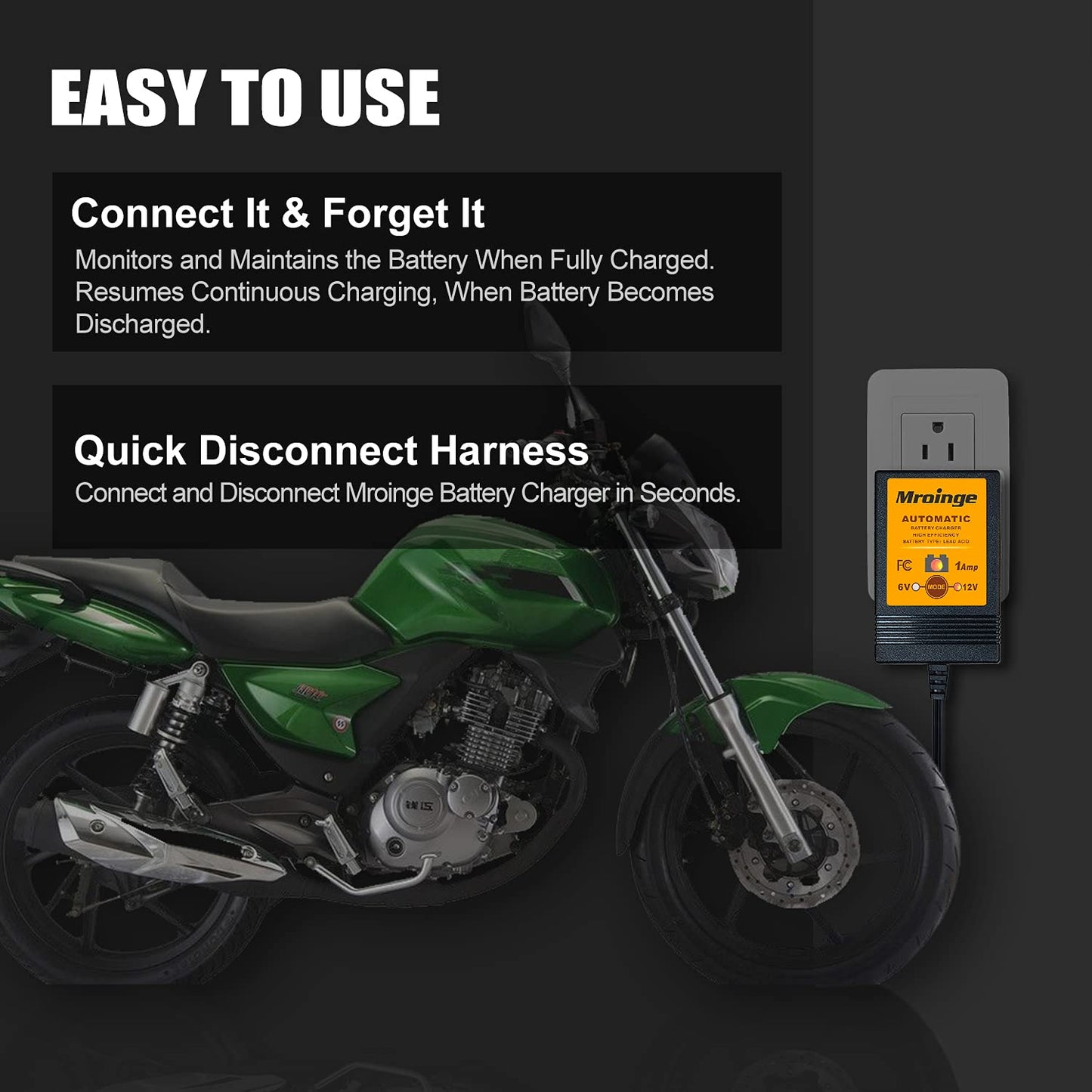 Mroinge Cargador y mantenedor de batería totalmente automático de 6 V/12 V 1 A para automóviles, motocicletas, cortacésped, ATV, RV, lancha, baterías selladas de gel AGM de ciclo profundo