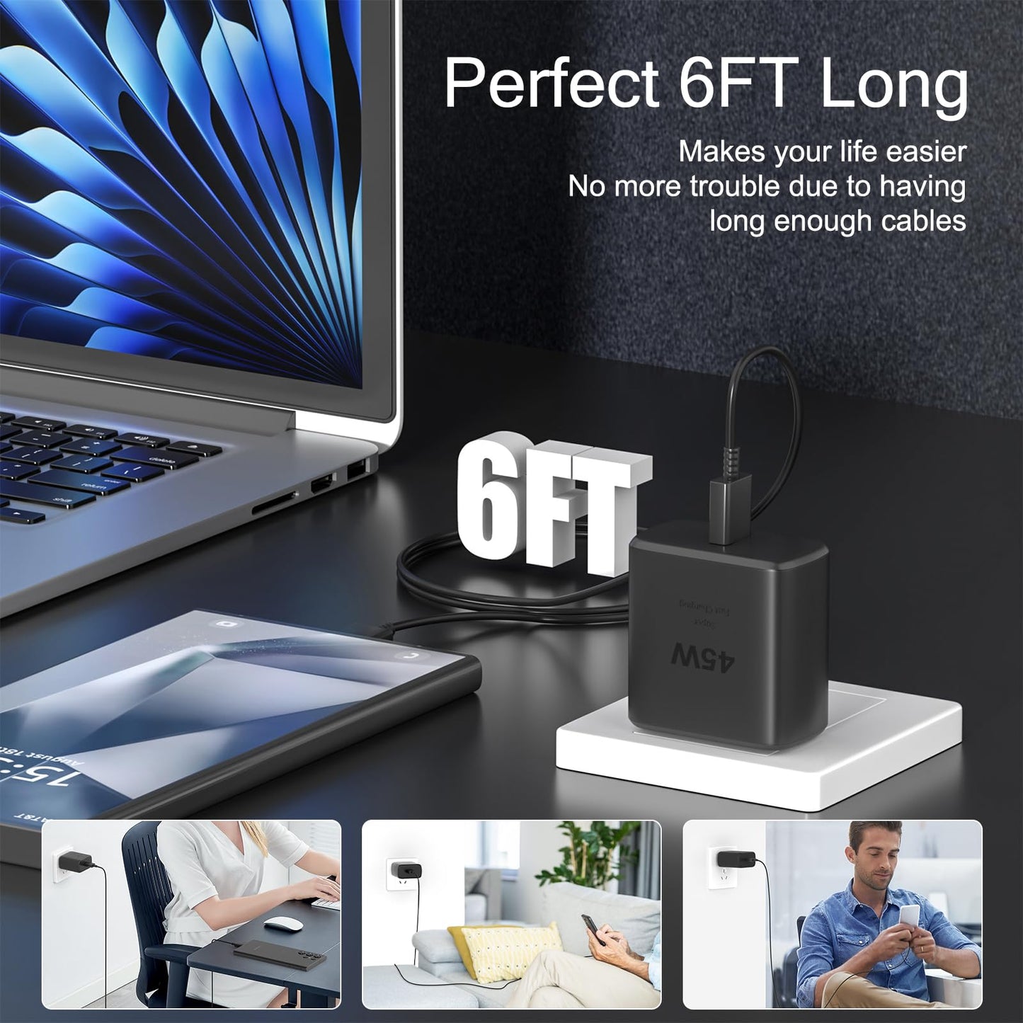 Cargador Samsung 45W Super Rápido USB C, Compatible con Samsung Galaxy S25/S24/S23/S22 Ultra, Cargador de Repuesto, 2 en 1, Viaje, 18 Meses de Garantía