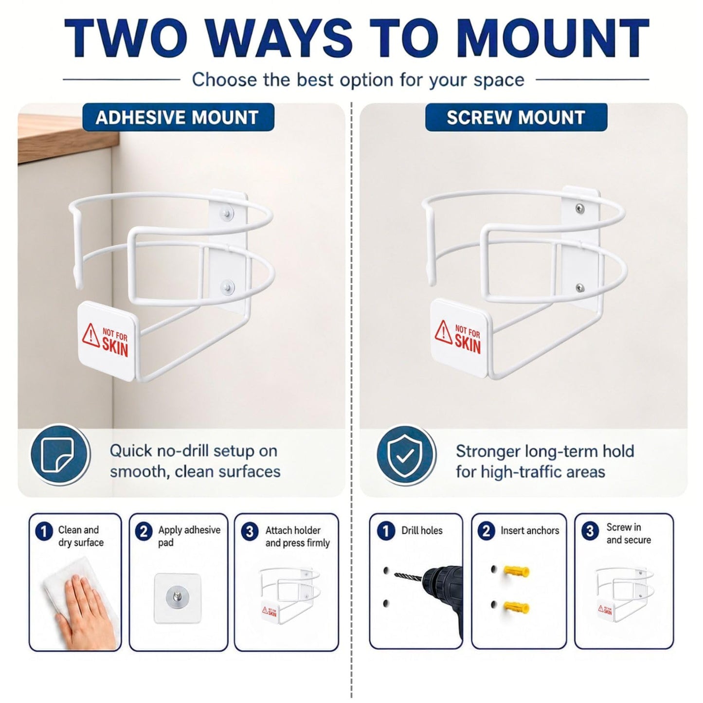 Soporte para toallitas desinfectantes de montaje en pared para recipientes Clorox y Lysol, soporte de bote de limpieza de metal con etiqueta de advertencia de piel, se adapta a hasta 5.2 pulgadas