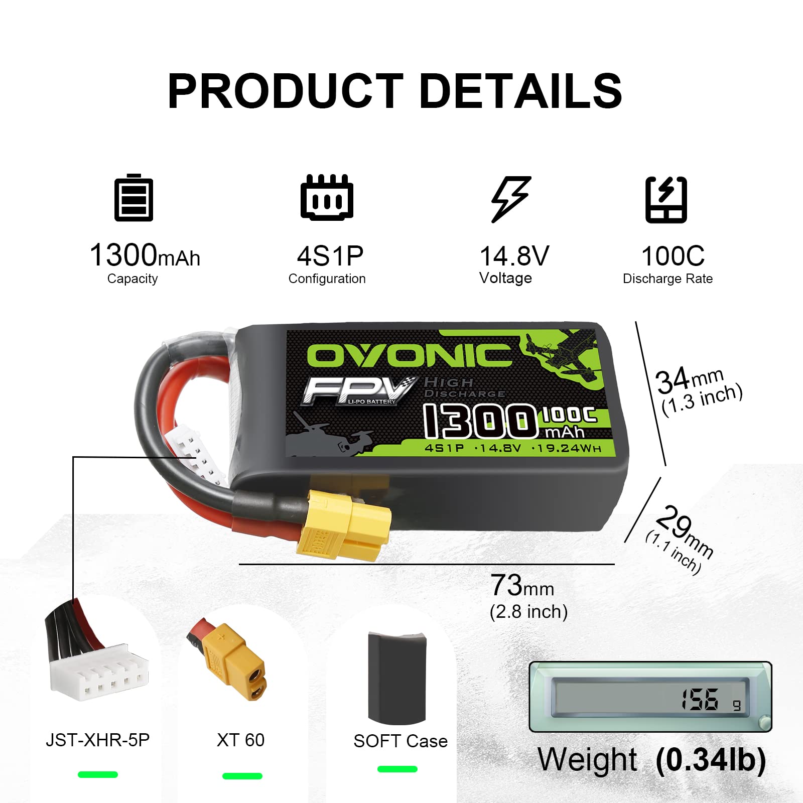 Batería Lipo OVONIC 4s 100C 1300mAh 14.8V con conector XT60 para Drone RC FPV Racing Quadcopter