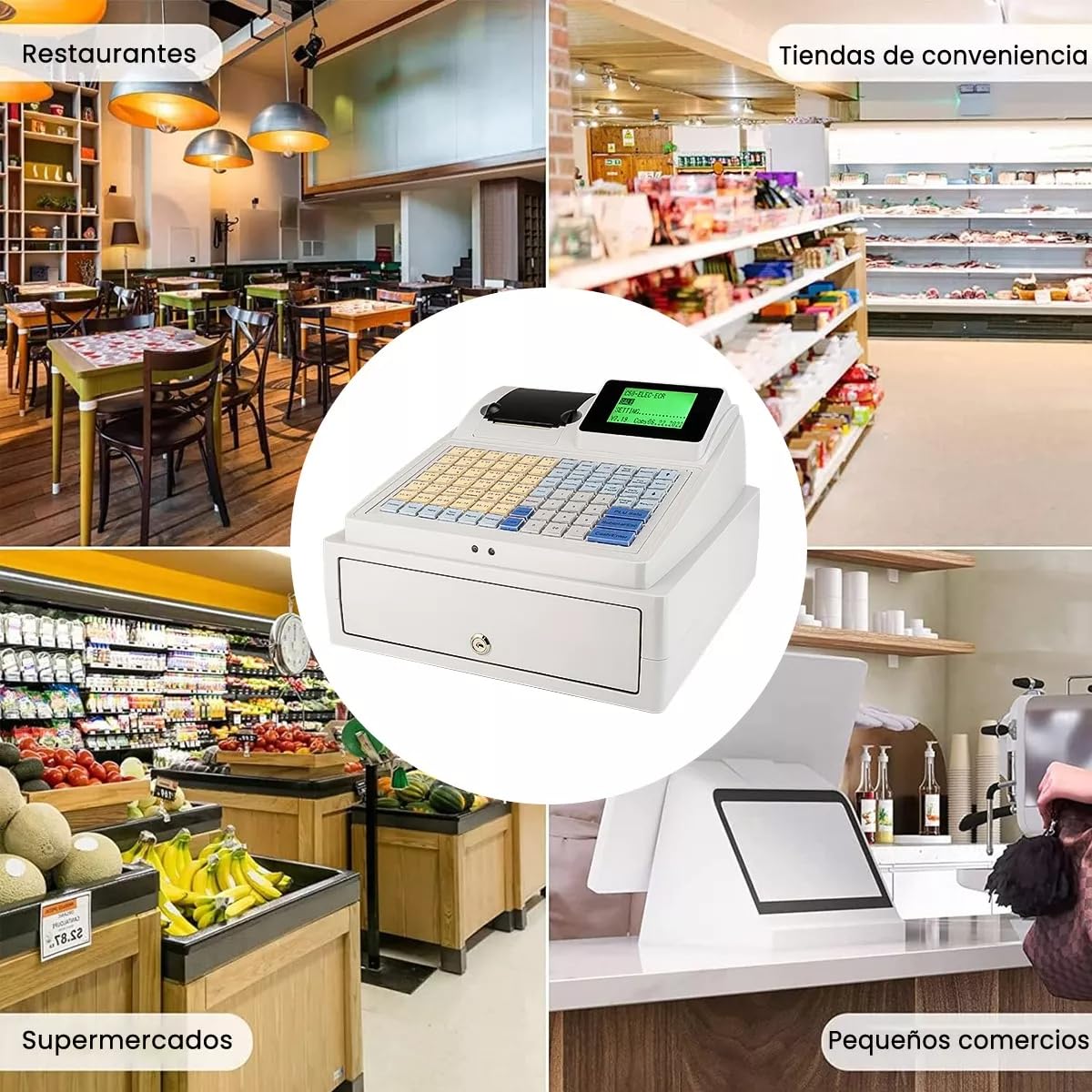 Caja Registradora Comercial, Caja Registradora Electrónica LED de 8 Dígitos, Detector de Moneda con Luz Violeta, Impresora Térmica con Cajón y Teclado, Adecuada para Pequeñas Empresas, Supermercados
