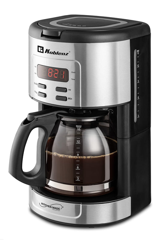 Cafetera de Goteo Koblenz, 15 Tazas, Capacidad de 1.8 L, Programable con Timer y Display Digital, 1000 W, Función Antigoteo, Base para Mantener Caliente, Jarra de Vidrio, Filtro Lavable (CKM-215 IN)