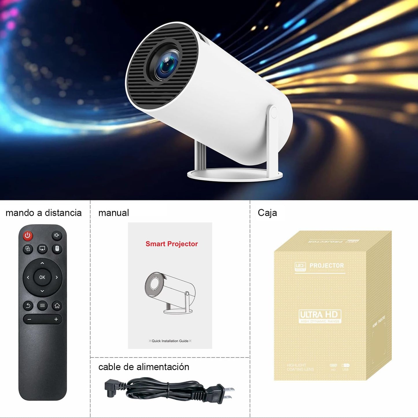 STRDIT Proyector 4k, Mini Proyector Portatil con Android, Proyectores Inteligente 200 ANSI con WiFi 6, BT 5.4, Pantalla de 200 Pulgadas, Giro de 270 Grados, Compatible con HDMI/iOS/Phone/PC/PS