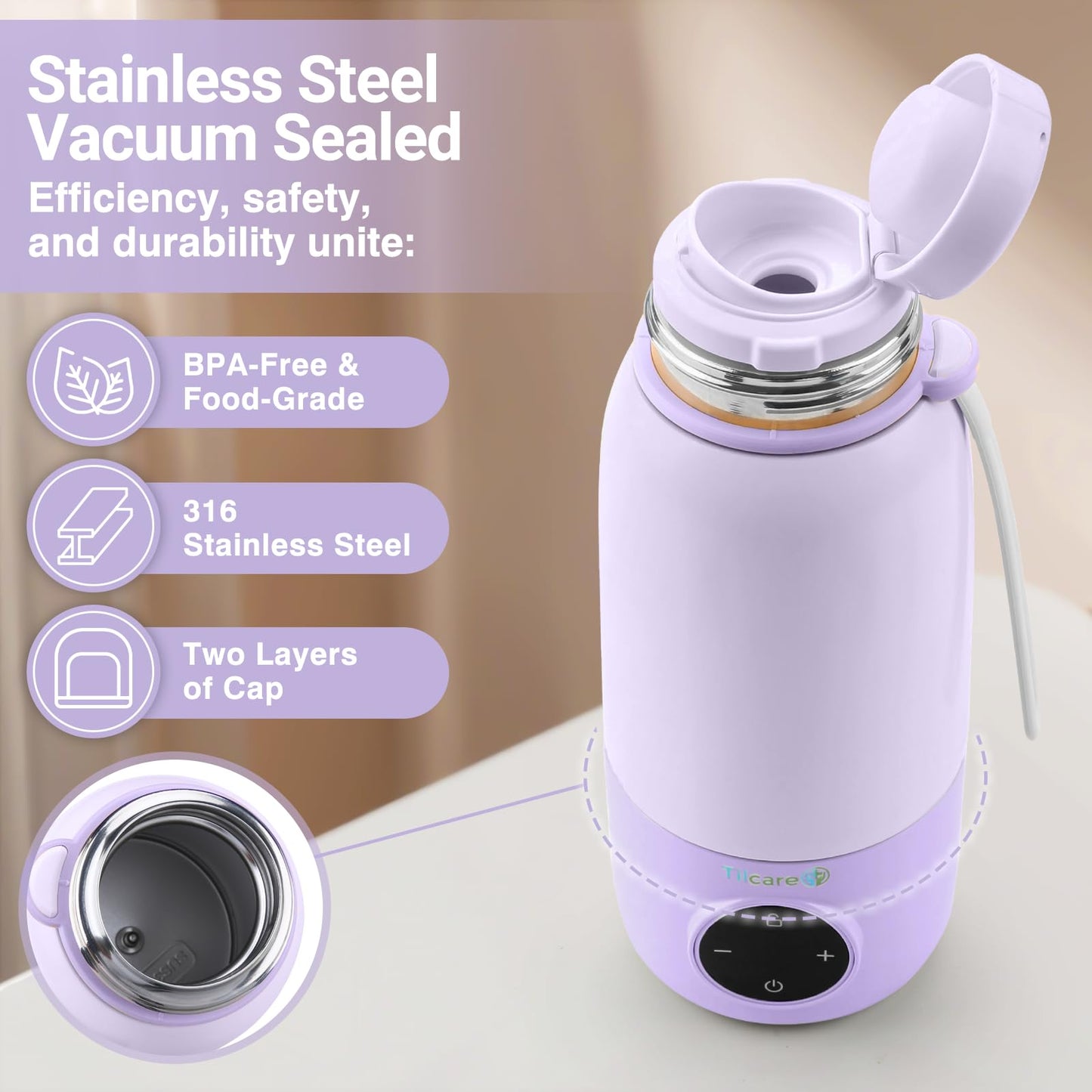 Tilcare Calentador De Biberones Portátil Para Viajes: 17 Oz, 12 H, Calentador De Leche Materna De Calentamiento Rápido, Calentador De Biberones Usb Para Llevar, Calentador De Agua Inalámbrico Para Coc