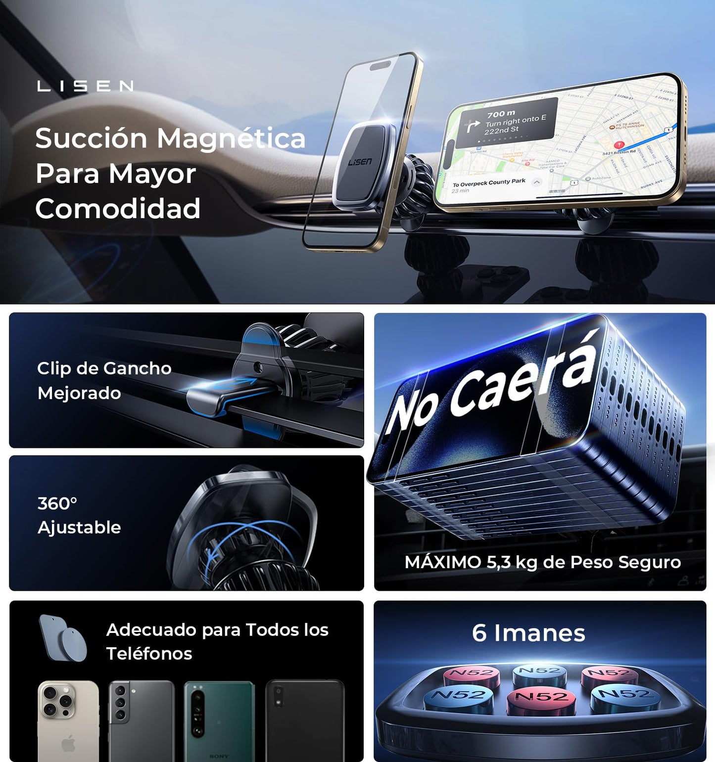 LISEN Soporte Celular Automóvil Magnético [6 Iman Más Fuertes] Porta Celular Auto 2024 Ventilación Base Celular Automóvil, Compatible con iPhone 15 Pro MAX Plus 14 13 12, S23 S22 Ultra Huawei