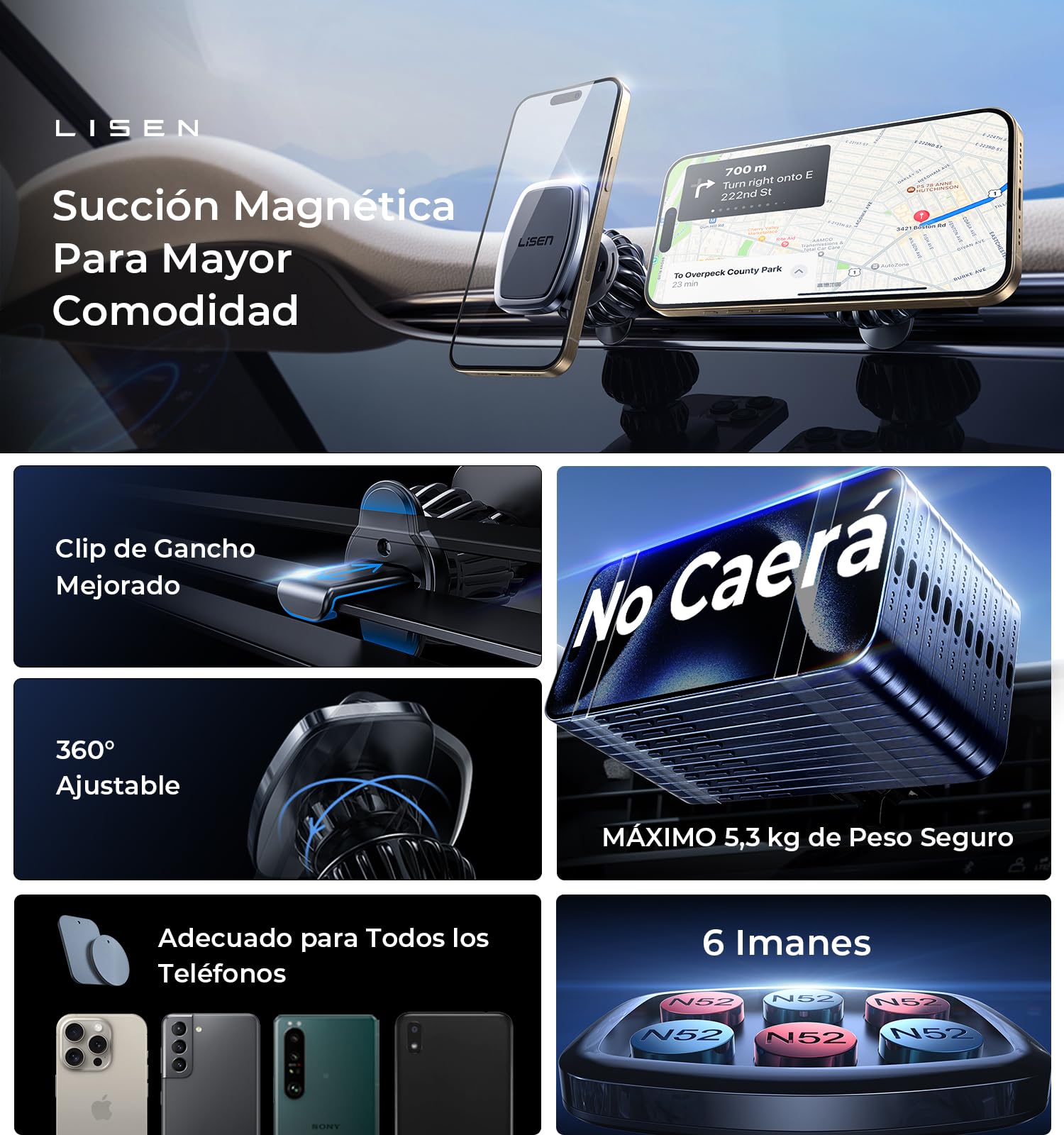LISEN Soporte Celular Automóvil Magnético [6 Iman Más Fuertes] Porta Celular Auto 2024 Ventilación Base Celular Automóvil, Compatible con iPhone 15 Pro MAX Plus 14 13 12, S23 S22 Ultra Huawei