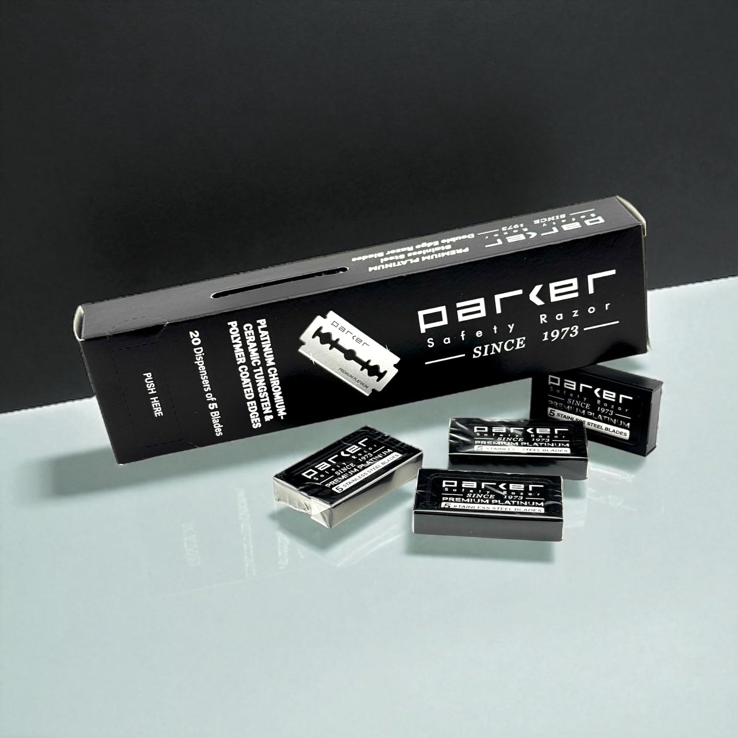 Cuchillas de Afeitar de Seguridad de Doble Filo de Parker, 100 unidades (20 x 5), Cuchillas de Afeitar de Platino Premium con Bordes Recubiertos de Platino, Tungsteno y Cromo