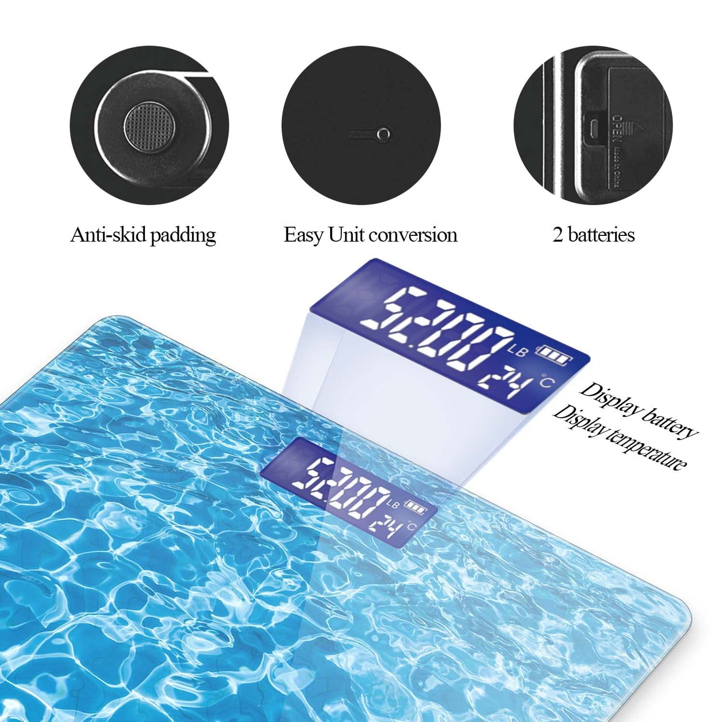 Báscula digital de baño para peso corporal de 400 libras, báscula digital personalizada con visualización retroiluminada, fácil de leer (batería no incluida), ondulación de agua azul