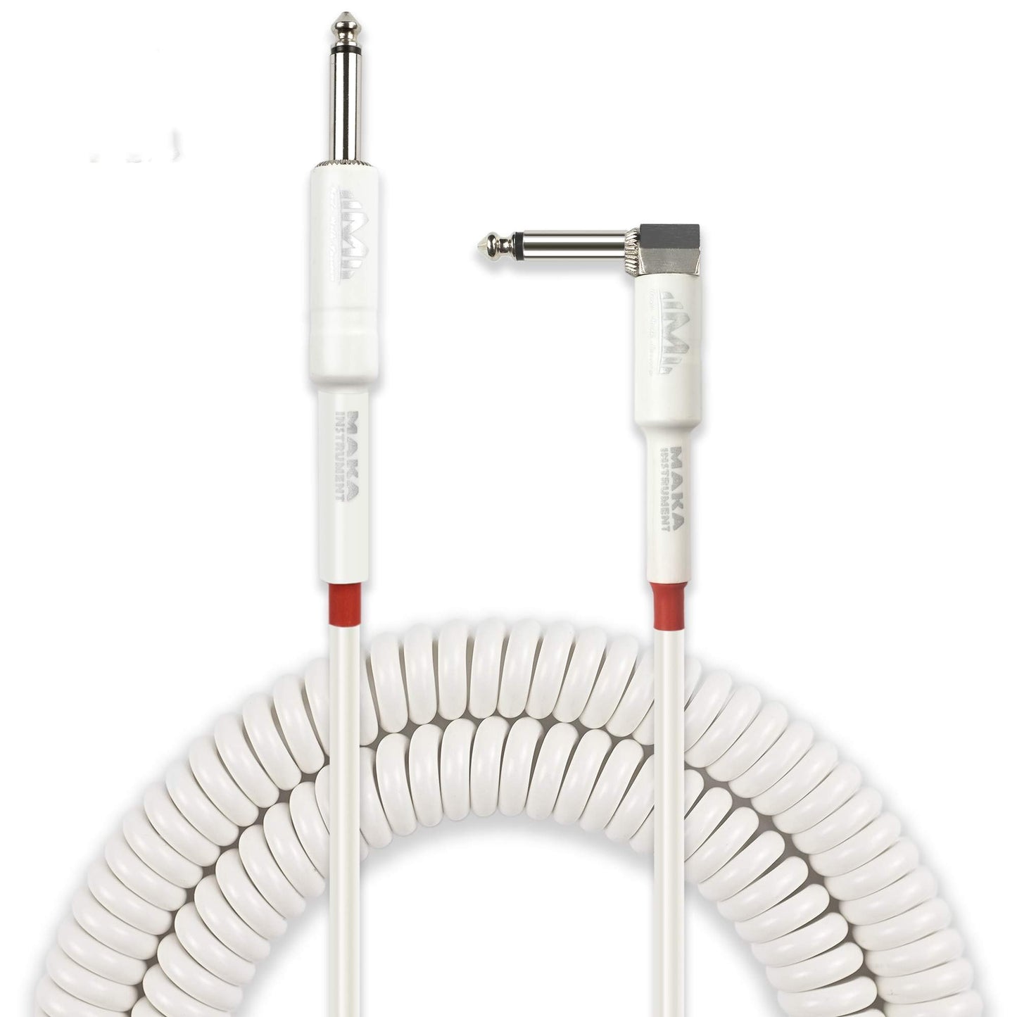 M MAKA - Cable de bobina de guitarra premium de 20 pies, cuerda rizada en espiral para guitarra, bajo de 1/4 pulgadas, ángulo recto a recto, color blanco