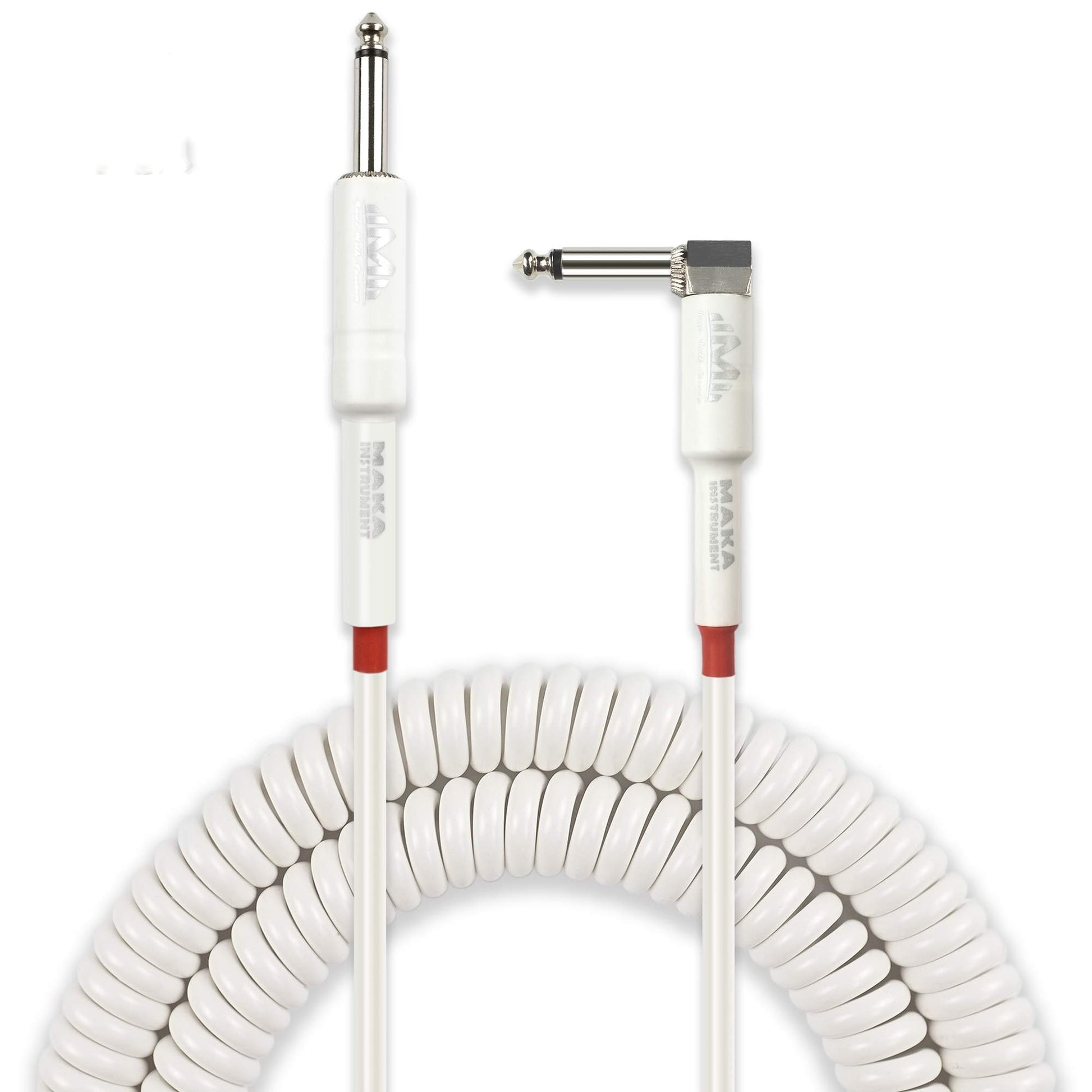 M MAKA - Cable de bobina de guitarra premium de 20 pies, cuerda rizada en espiral para guitarra, bajo de 1/4 pulgadas, ángulo recto a recto, color blanco