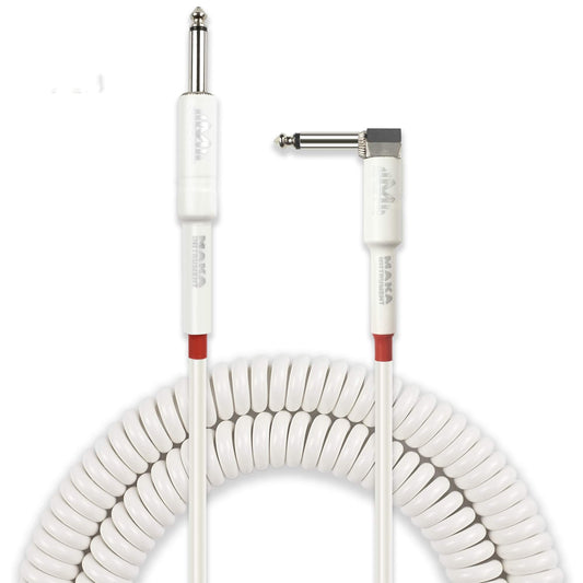 M MAKA - Cable de bobina de guitarra premium de 20 pies, cuerda rizada en espiral para guitarra, bajo de 1/4 pulgadas, ángulo recto a recto, color blanco