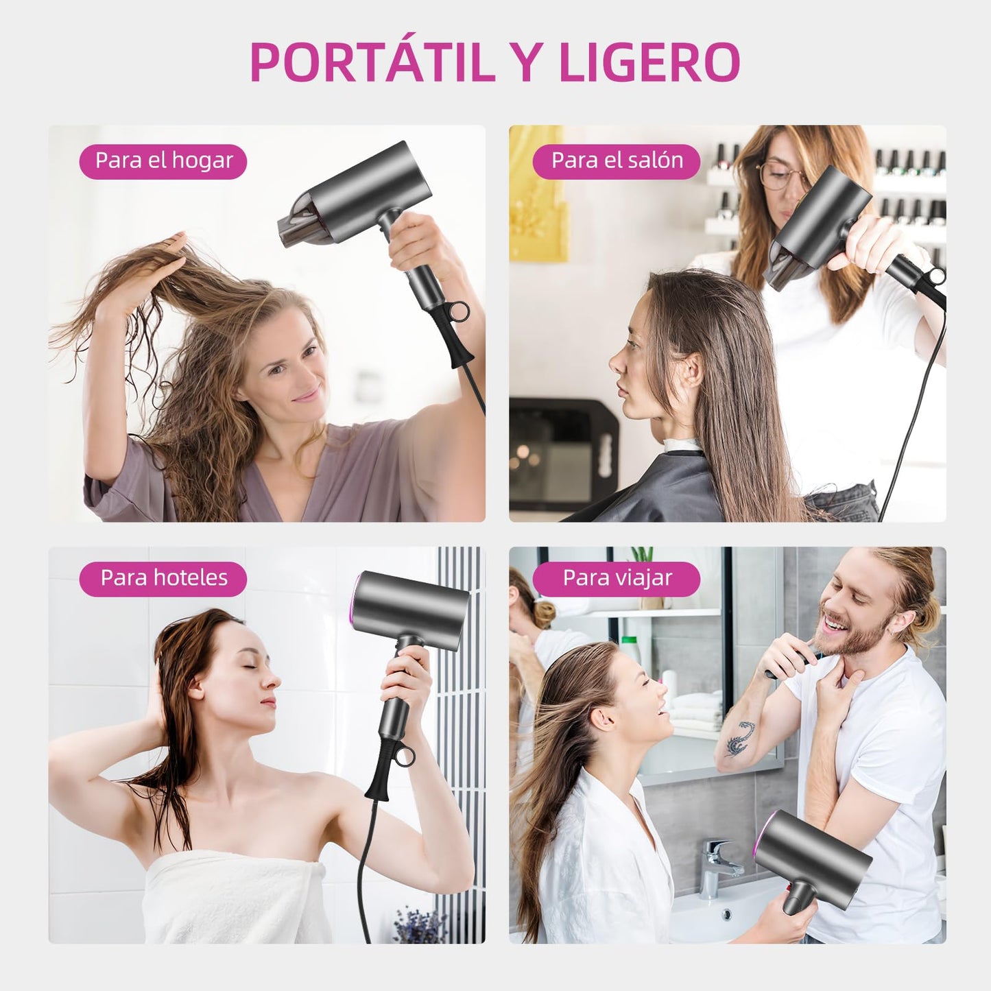 Secador de Pelo,1200W Secadora de Cabello Profesional,Secador de Pelo Iónico Baja Potencia con 3 Niveles de Viento Cálido, 2 Velocidades, Mini Secador de Soplado Plegable con Boquillas y Difusor para Hogar, Salón de Belleza, Viajes,Gris