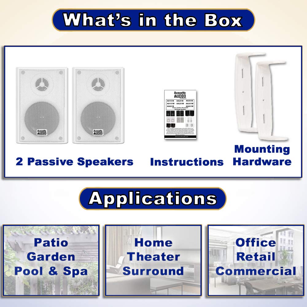 Bocinas Acoustic Audio blancas AA351W para Interiores y Exteriores, juego de 2