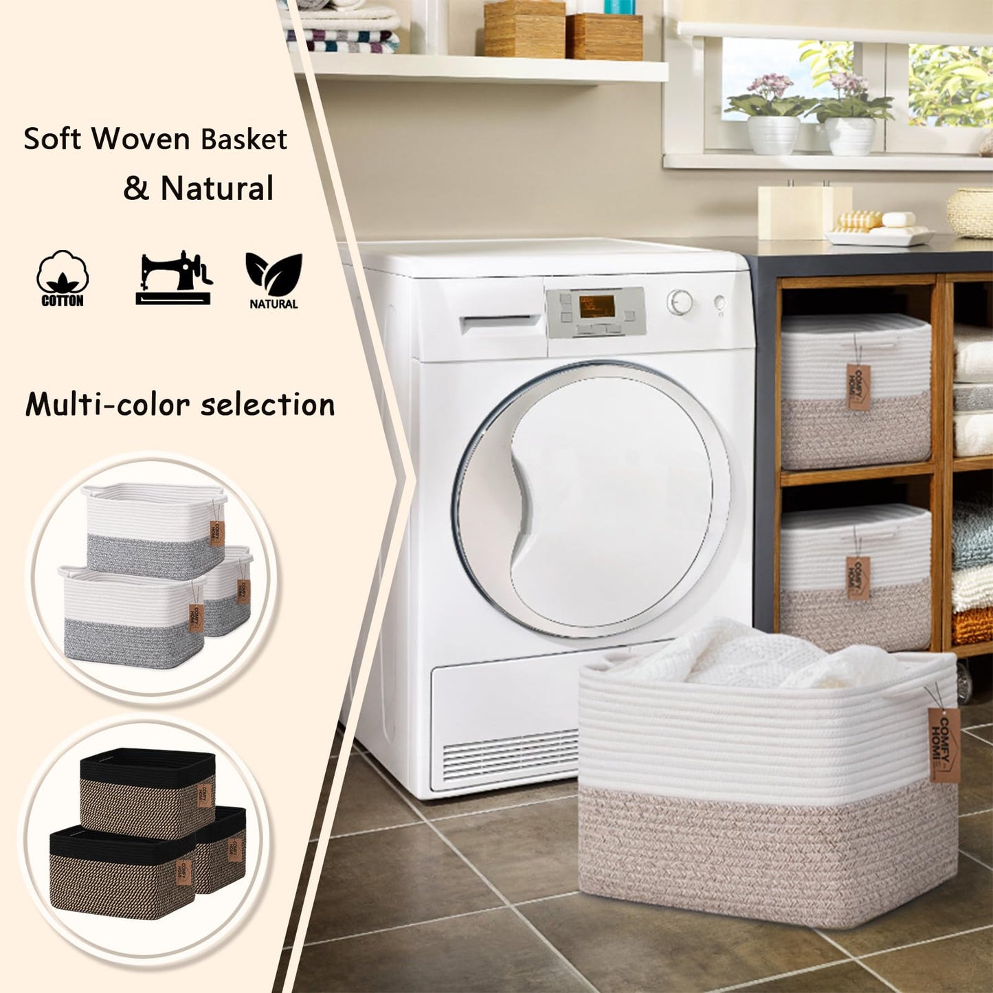 COMFY-HOMI Cesta tejida de cuerda de algodón con asas para estantes, juguetes, libros, cestas de almacenamiento de tela para organizar, 1 organizador decorativo de juguete para sala de estar, baño