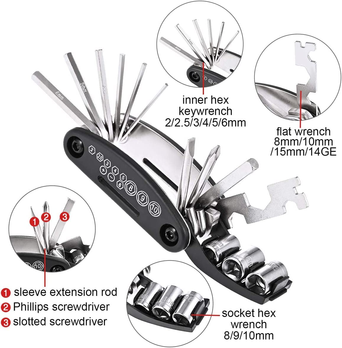 Kit de Herramientas para Bicicleta 41 piezas, 16 en 1 Multiherramienta Bicicleta, Adaptadores y Desarmadores, Diseño Resistente, Portátil y Práctico, Tamaño de Bolsillo, Ideal para Reparaciones