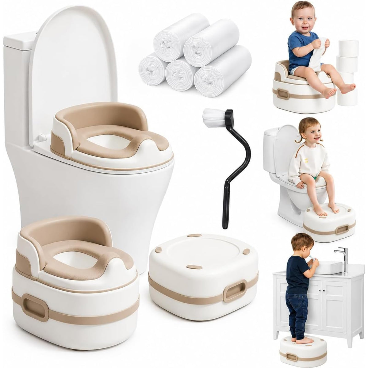 Bacinica 3 en 1 para Niños y Niñas, Bañito Entrenador Infantil con Asiento Reductor para WC y Banquito, Incluye Cepillo y 100 Bolsas Desechables, Antideslizante y Fácil de Limpiar, de 1 a 6 Años