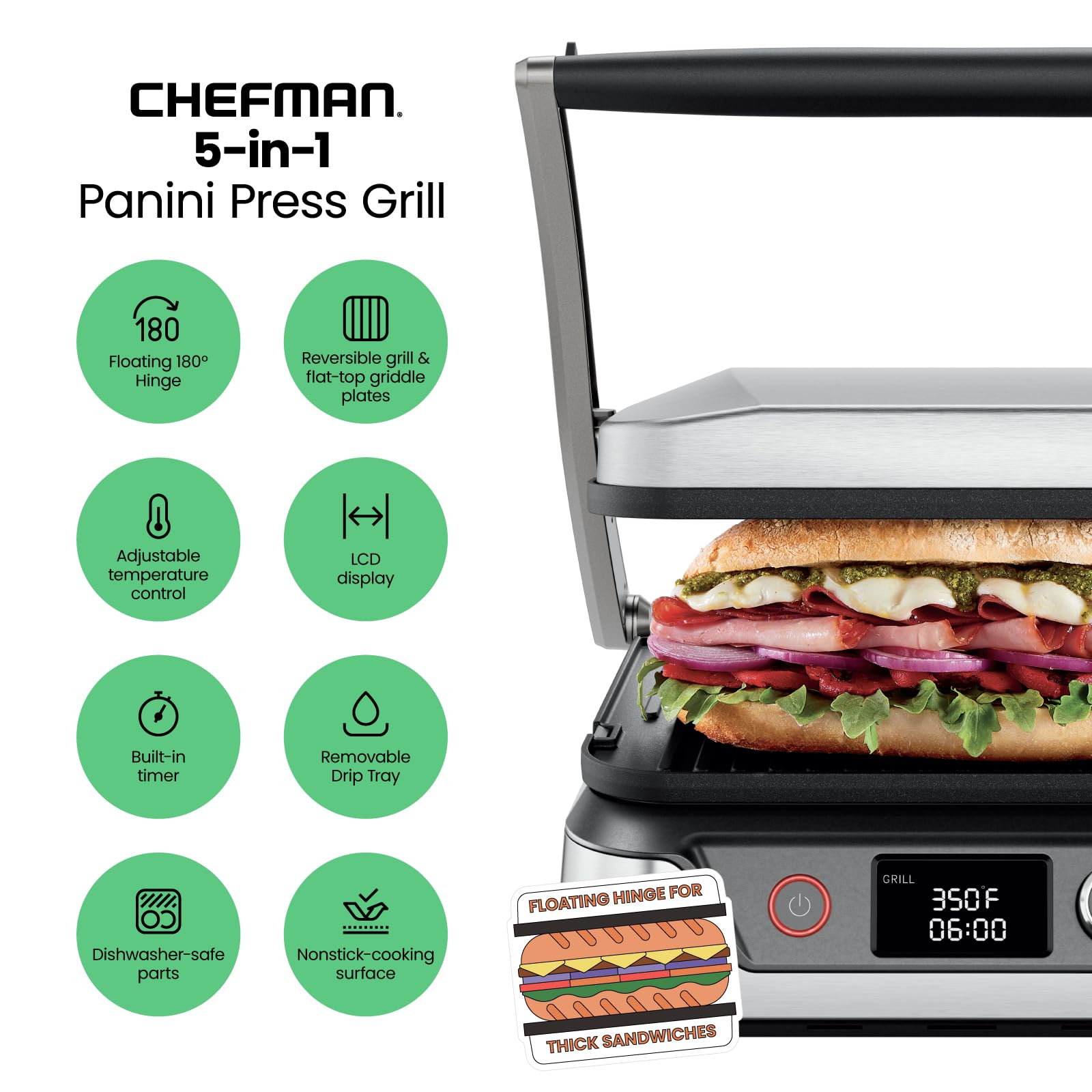 Parrilla Digital Panini Chefman Acero Inoxidable con Platos Reversibles Extraíbles, Abre 180° para Barbacoa y Parrilla Plana