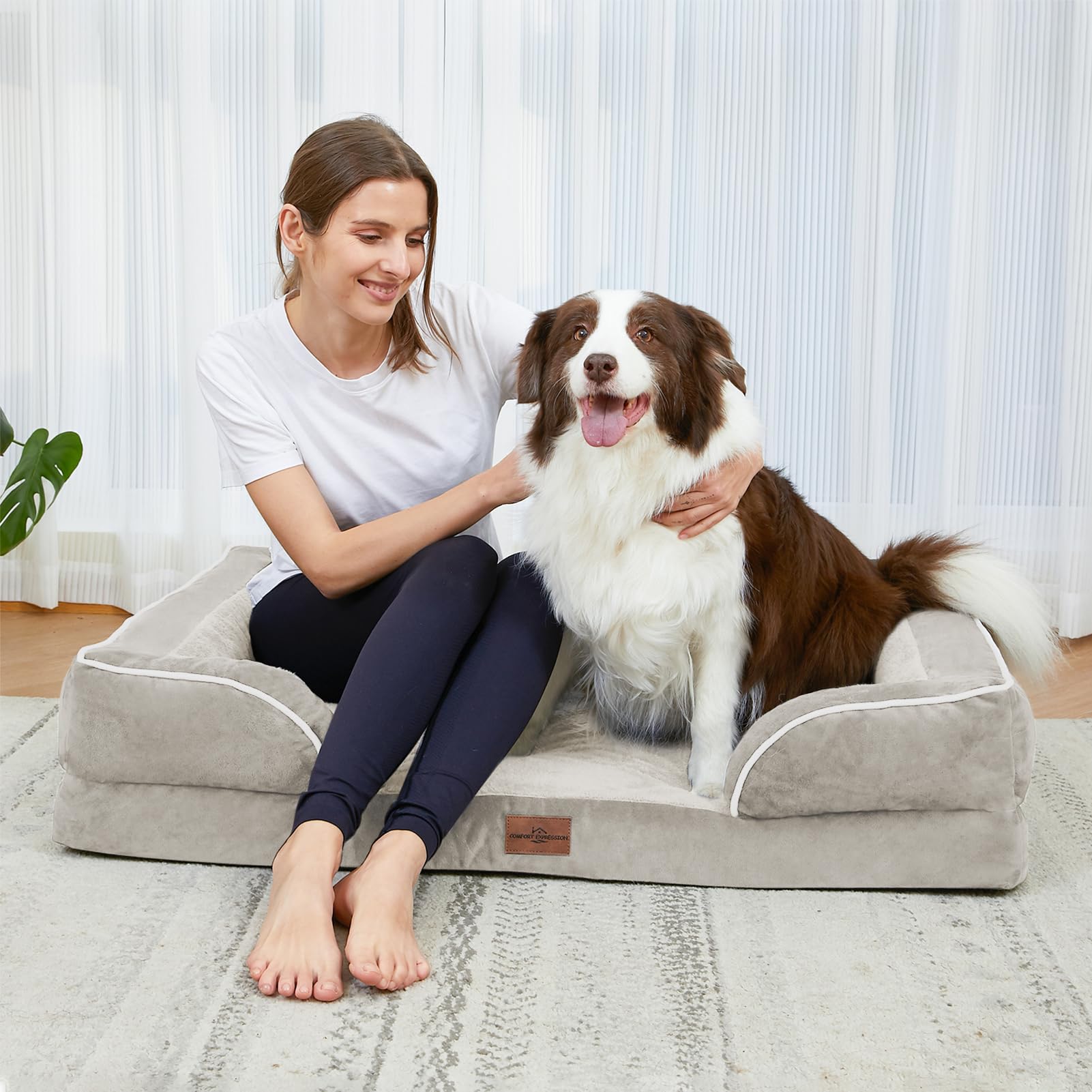 Comfort Expression - Camas grandes para perros impermeables de espuma ortopédica para perros, cómoda cama para mascotas con funda extraíble lavable y parte inferior antideslizante (L, beige)