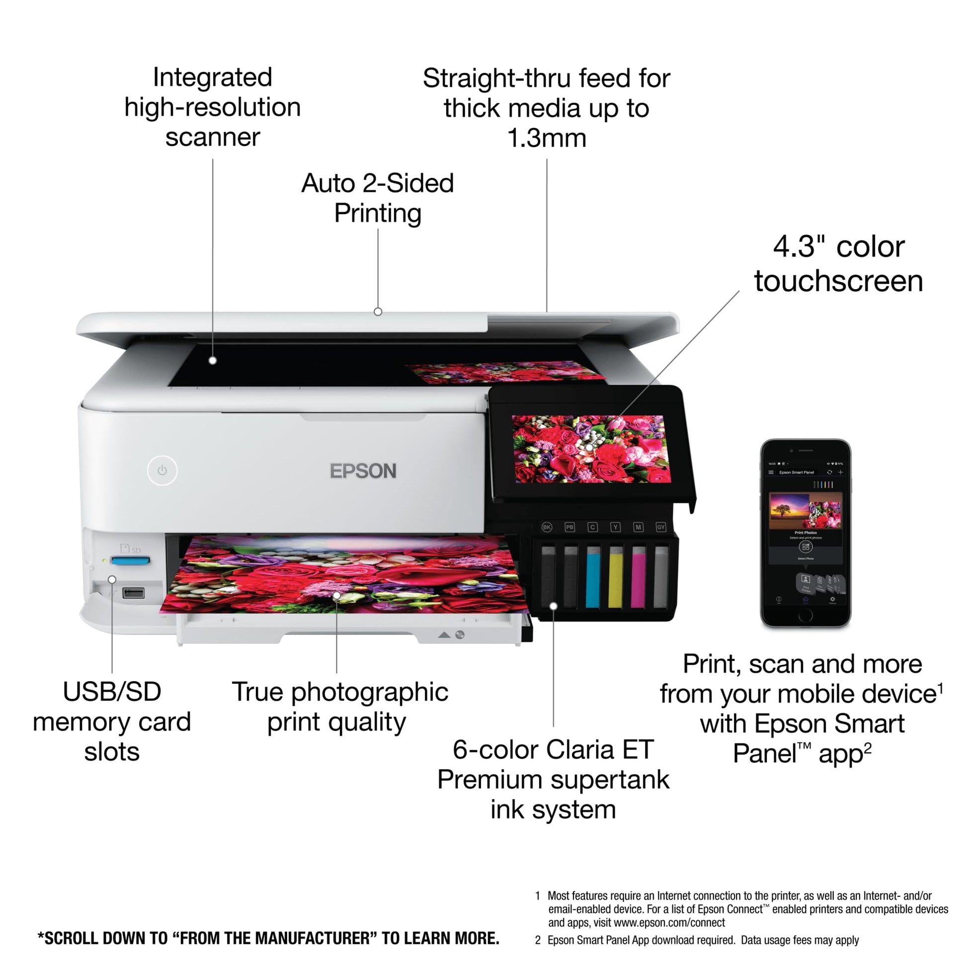 Epson EcoTank Photo ET-8500 Impresora Supertank inalámbrica a Color Todo en uno con escáner, copiadora, Ethernet y visualización táctil a Color de 4.3 Pulgadas, Blanco, Grande