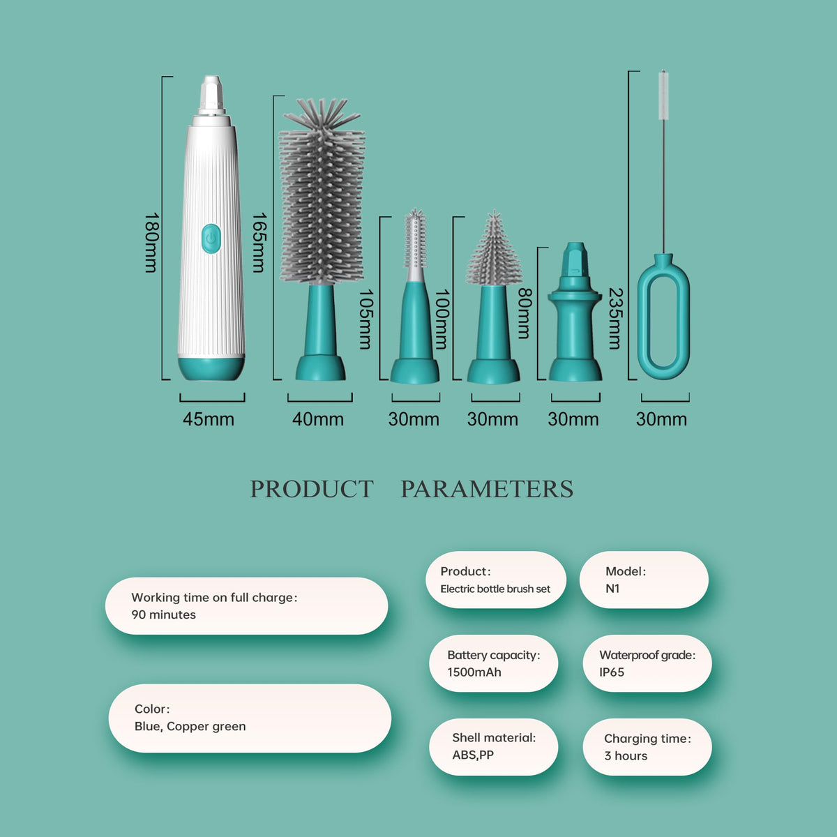 Acodoy Electric Bottle Brush Set with Baby Bottle Brush 4-Piece,Bottle Brush2,Nipple Brush,Straw Brush and Extension Handle,USB Rechargeable (Green)