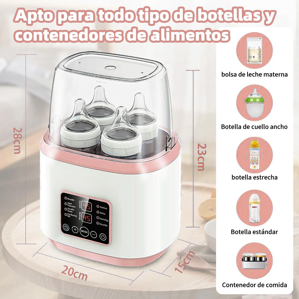 EEBOU Calentador de Biberones Esterilizador Multifuncional 8 en 1 [Modelo Mejorado de 2026], Apto para 4 Biberones, Calentador de Biberones Portatil Modo Constante de 24H, Sin BPA (Rosa)