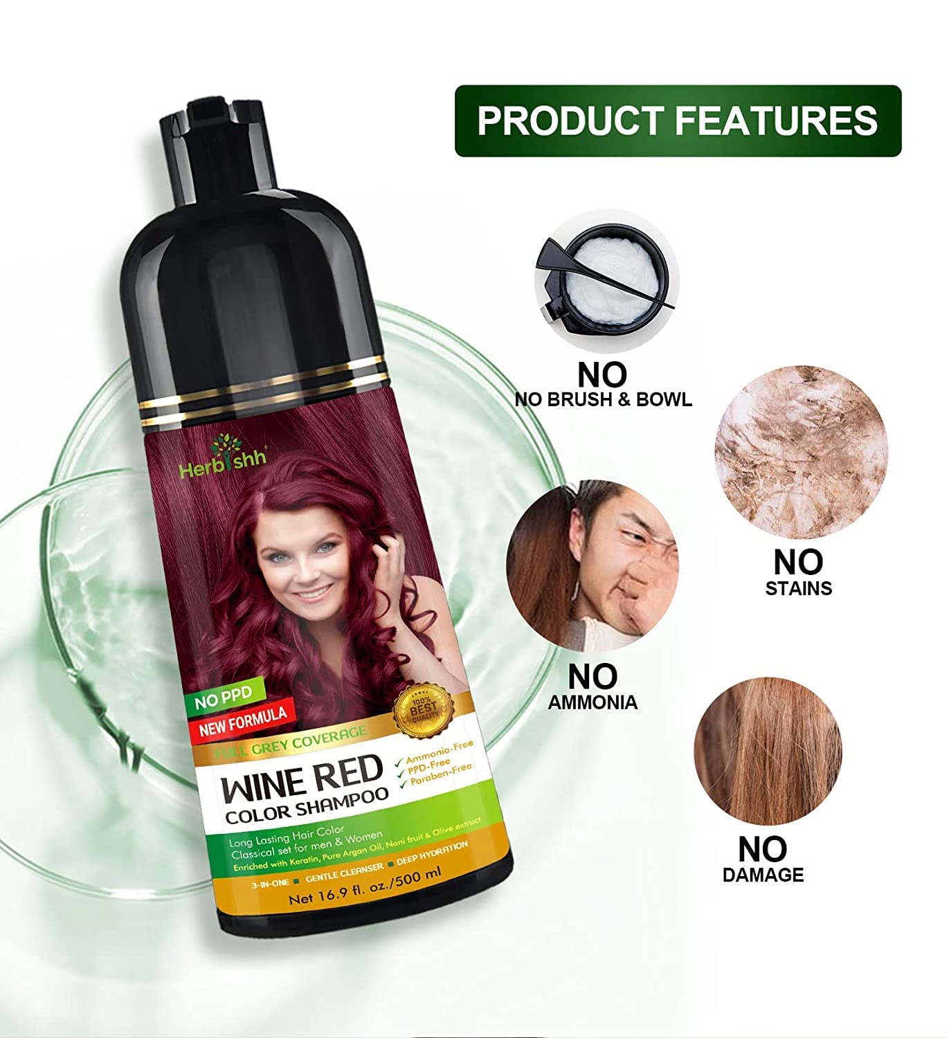 Herbishh - Champú colorante para cabello gris, champú con tinte natural para el cabello, colorea el cabello en minutos, dura hasta de 3 a 4 semanas, 500 ml, tinte de cabello 3 en 1, sin amoniaco | (rojo vino)