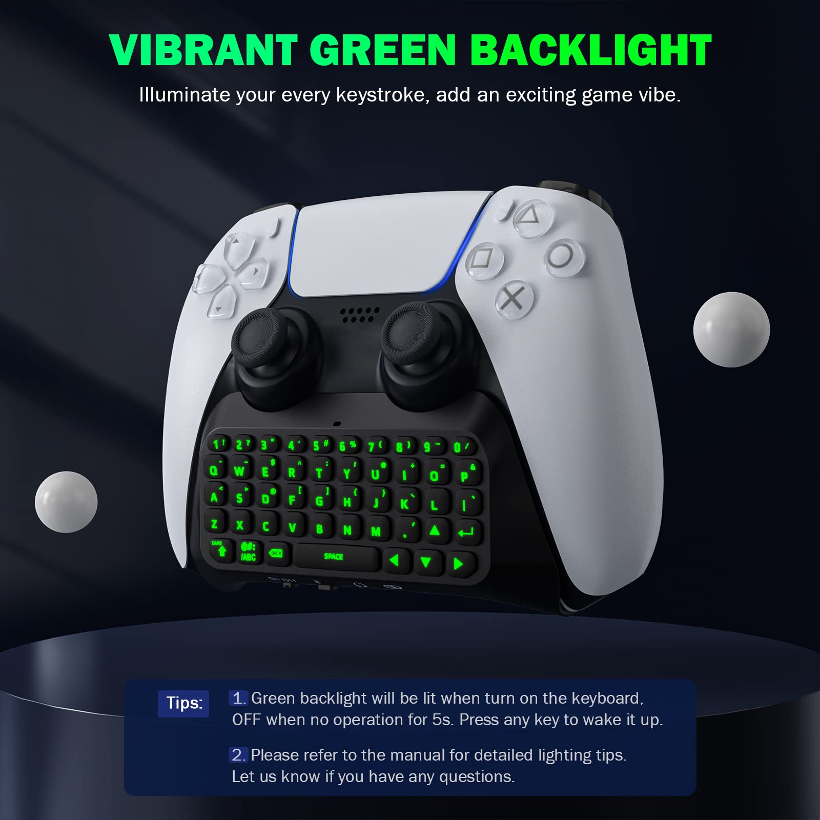 Teclado Retroiluminado Verde MoKo Negro para Controlador PS5 con Altavoz Incorporado y Conector de Audio 3.5mm