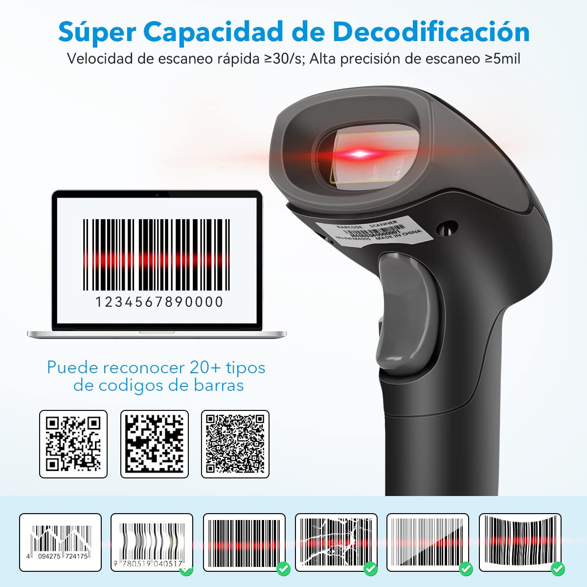 Gurkitsy Escáner de Código de Barras 1D 2D Inalámbrico, Handheld Lector de Códigos de Barras Láser con Receptor (Inalámbrico 2.4GHz + Cable USB) 2000mAh 573979