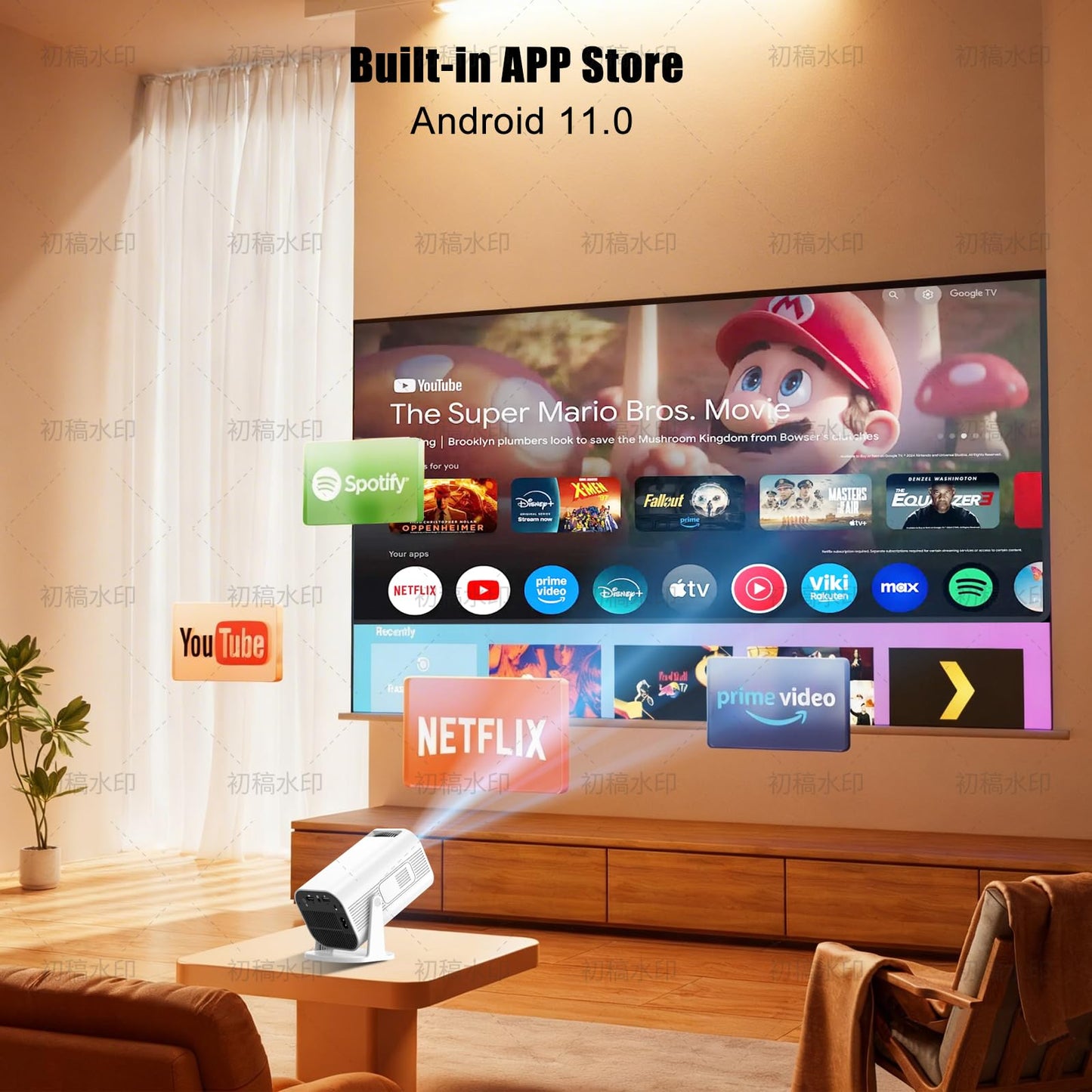 LJYT Mini proyector, 250 lúmenes ANSI, compatible con 4K, piedra clave automática, rotación de 210°, Bluetooth 5.4, WiFi 6, Android 11, 1080P portátil, compatible con smartphone/TV Stick/HDMI/USB/PS5.