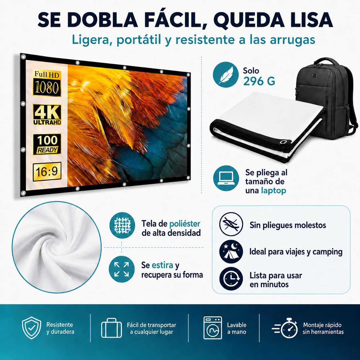 TPOUIDD Visualización de Proyector de 100 Pulgadas, Pantalla de Proyeccion Portátil Plegable HD 16:9, Resistente a Las Arrugas, Apta para Uso en Exteriores, Interiores y Cine en Casa (100 Pulgadas)