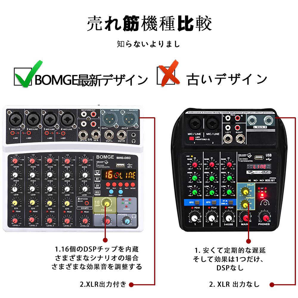BOMGE - Mezclador de sonido de audio de 6 canales, consola de mezcla profesional para DJ digital para transmisión en vivo, karaoke y grabación estéreo, con reproducción de grabación de computadora de