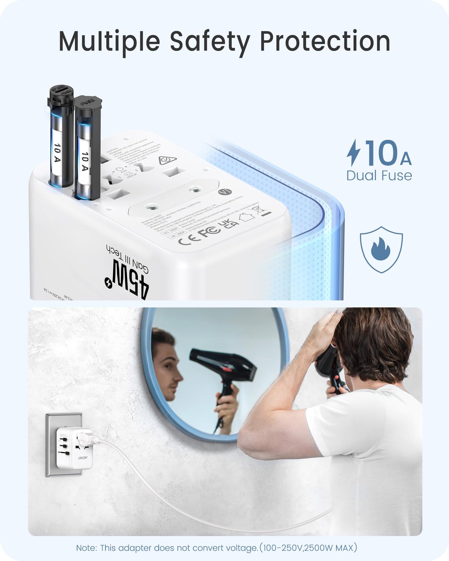 LENCENT Adaptador Universal de Viaje, GAN III 45W Adaptador Internacional con 3 USB y 2 USB-C Carga Rápida, Cargador Universal con Enchufe Tipo A/C/G/I para USA/Europa/UK/Australia/Argentina, Blanco