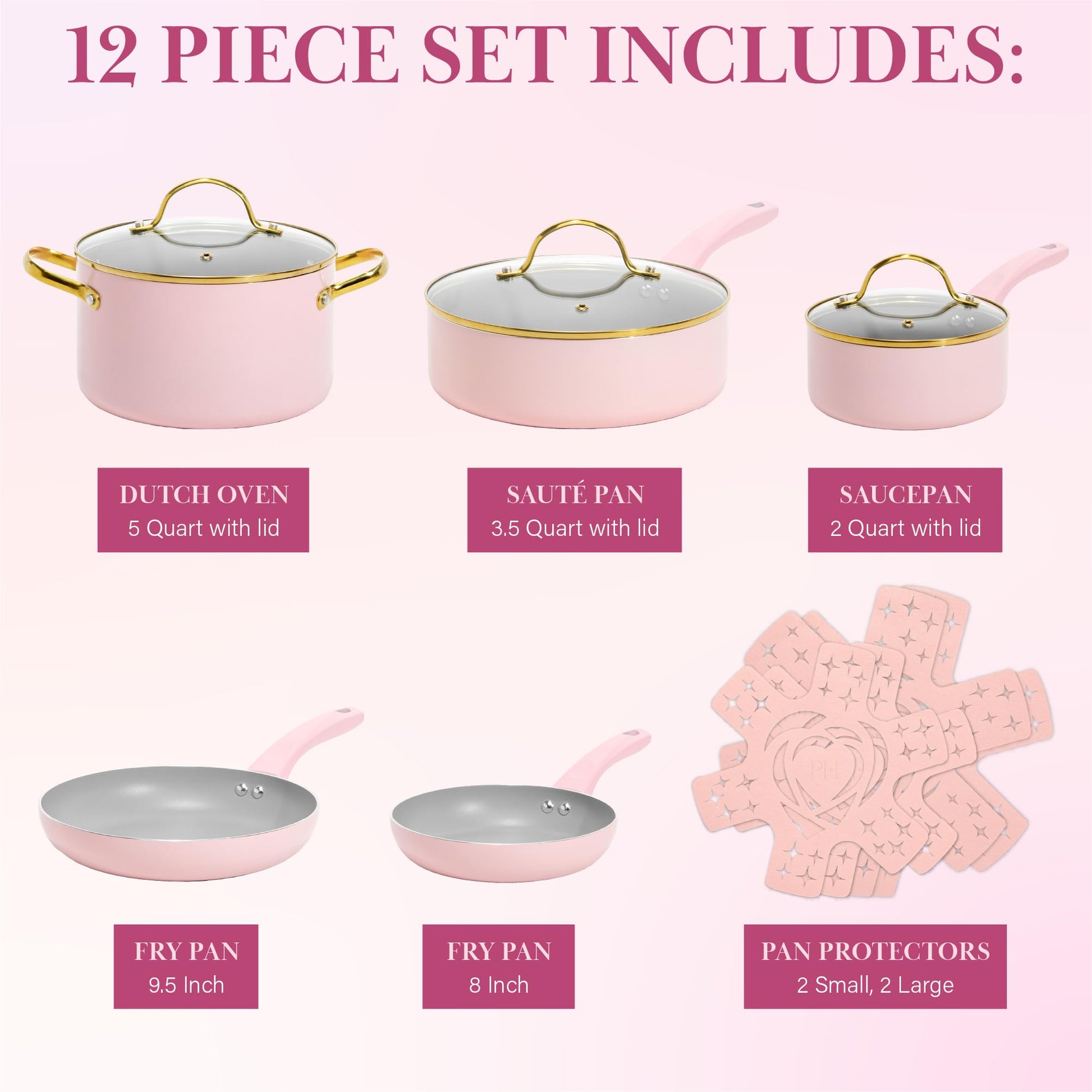 Paris Hilton Juego de utensilios de cocina con tapa de borde dorado, 12 piezas, rosa
