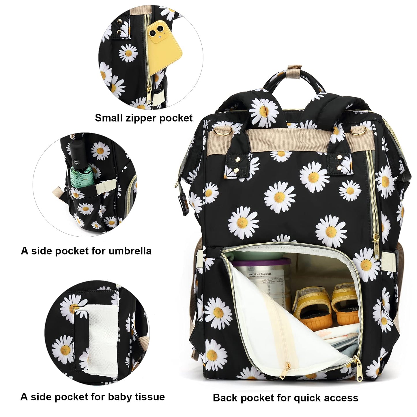 Mochila floral para pañales para bebés, niñas y niños, Yusudan Flowers Mom Pañales para mujeres (margarita negra)