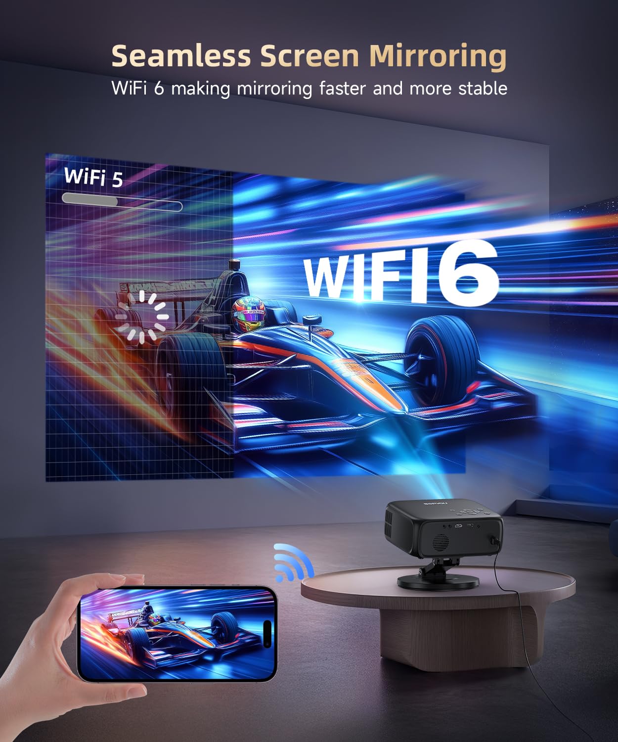 【Buit-in Google TV y control de voz】Proyector inteligente con WiFi y Bluetooth, enfoque automático y piedra clave, proyector de película portátil Native 1080P para exteriores con soporte giratorio de