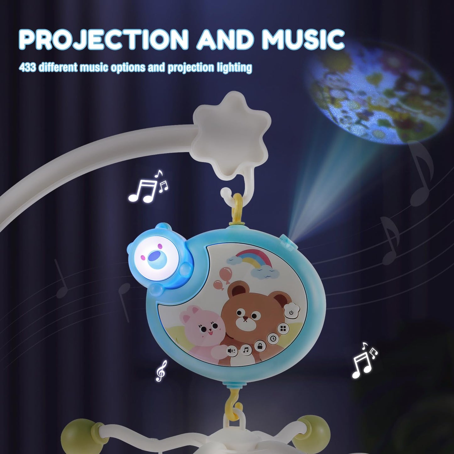 Móvil Musical Montessori Azul con Luces Nocturnas y Rotación de 360° para Bebé