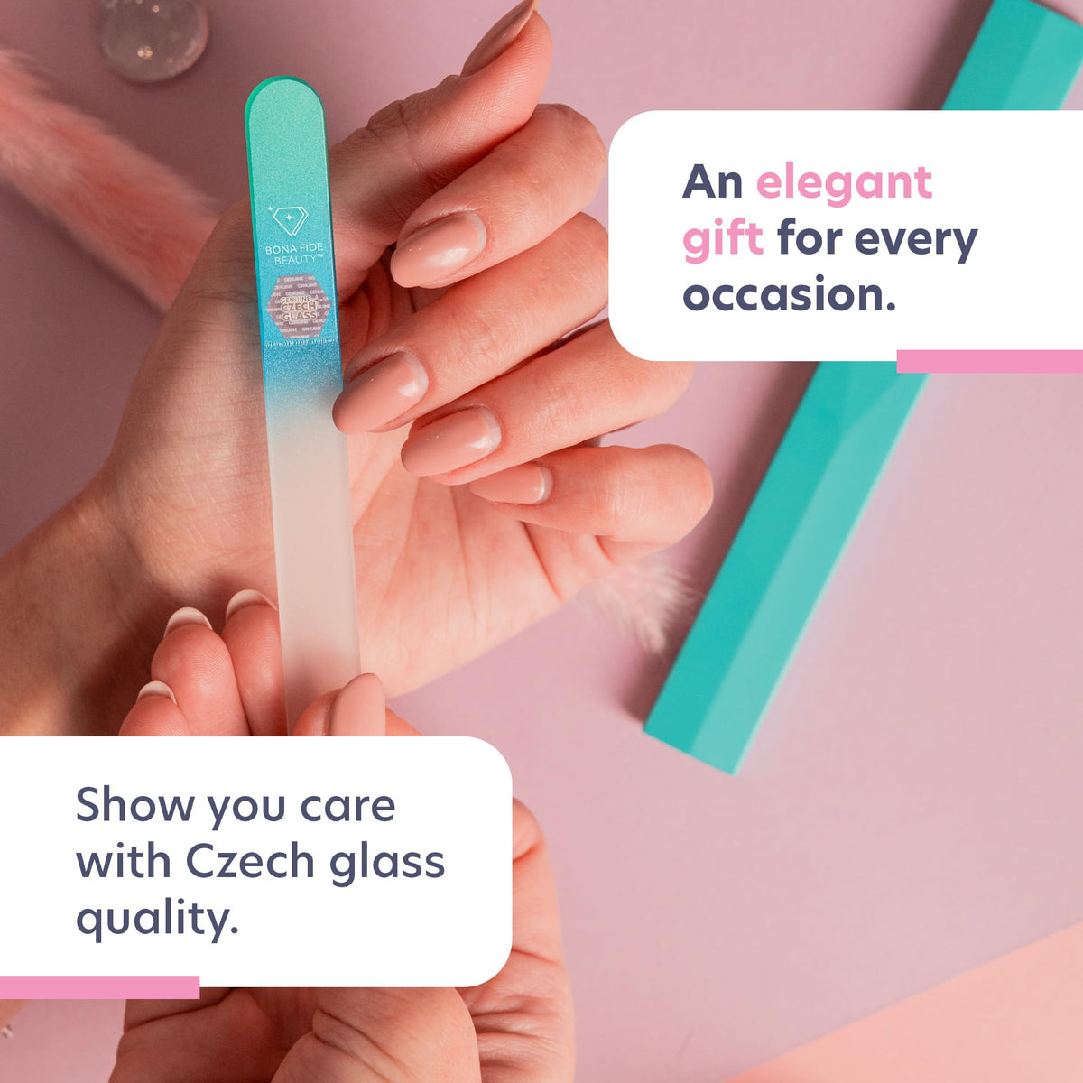 Bona Fide Beauty Double Sided Bohemian Crystal Czech Glass Nail File in Plastic Sleeve, Green/Aqua