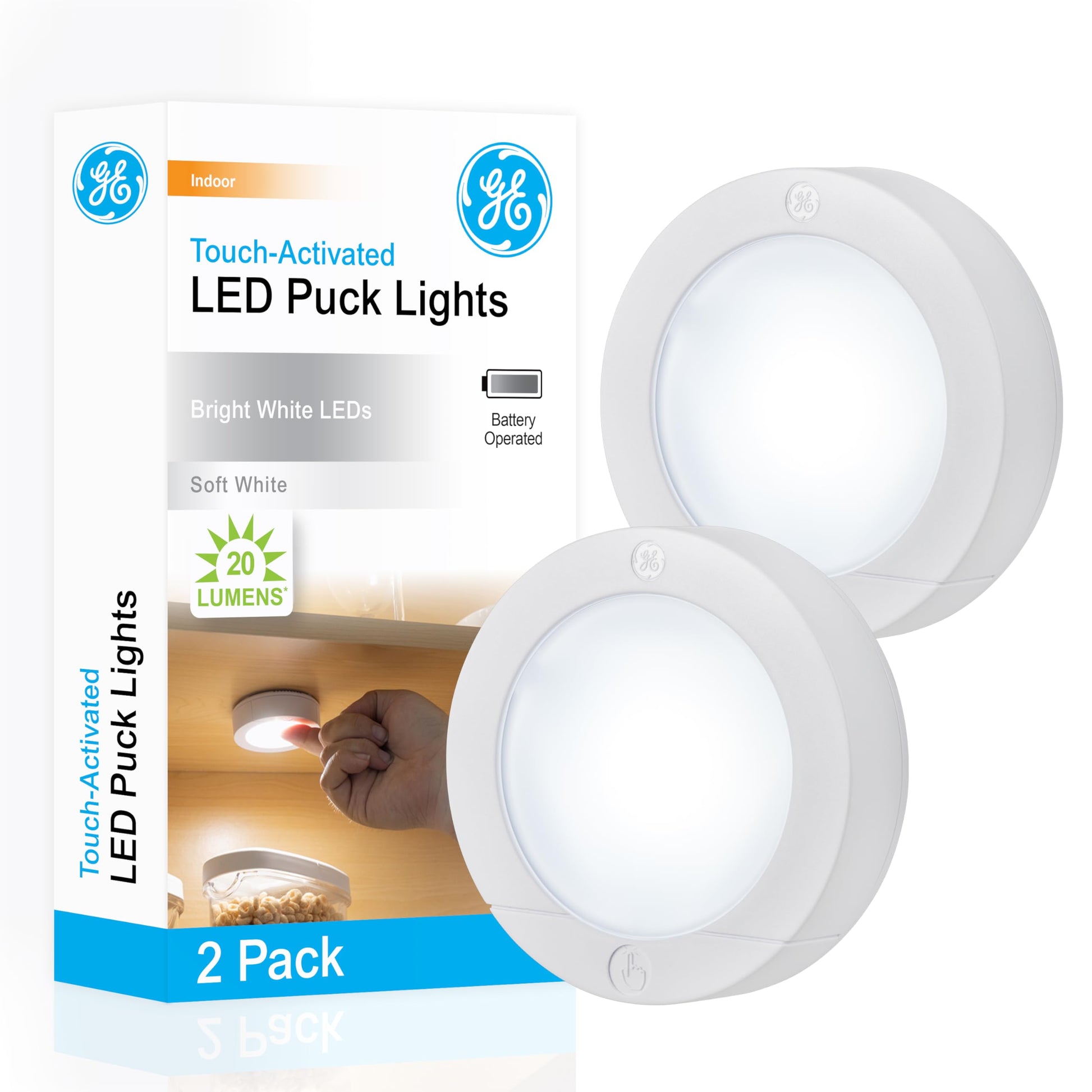 GE, Lampara LED Inalámbrica, Funciona con Pilas, Encendido/Apagado táctil, 20 lúmenes, Blanco Brillante, Ideal para Closets, Gabinetes, Garaje y Mas, Montaje con Cinta o Tornillo, Paquete de 2, 25434