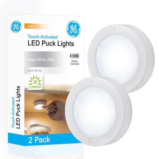 GE, Lampara LED Inalámbrica, Funciona con Pilas, Encendido/Apagado táctil, 20 lúmenes, Blanco Brillante, Ideal para Closets, Gabinetes, Garaje y Mas, Montaje con Cinta o Tornillo, Paquete de 2, 25434