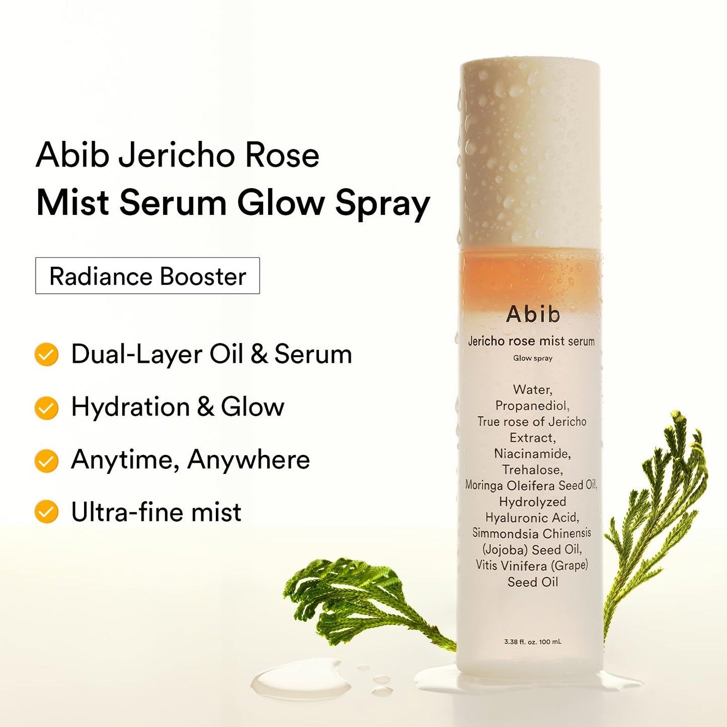 Suero Jericho Rose Mist, Glow Spray 3.38 fl oz I Botella de bruma hidratante esencial para rostro, cuerpo y rostro, potenciador de luminosidad, aceite y suero finos de doble capa, cuidado de la piel