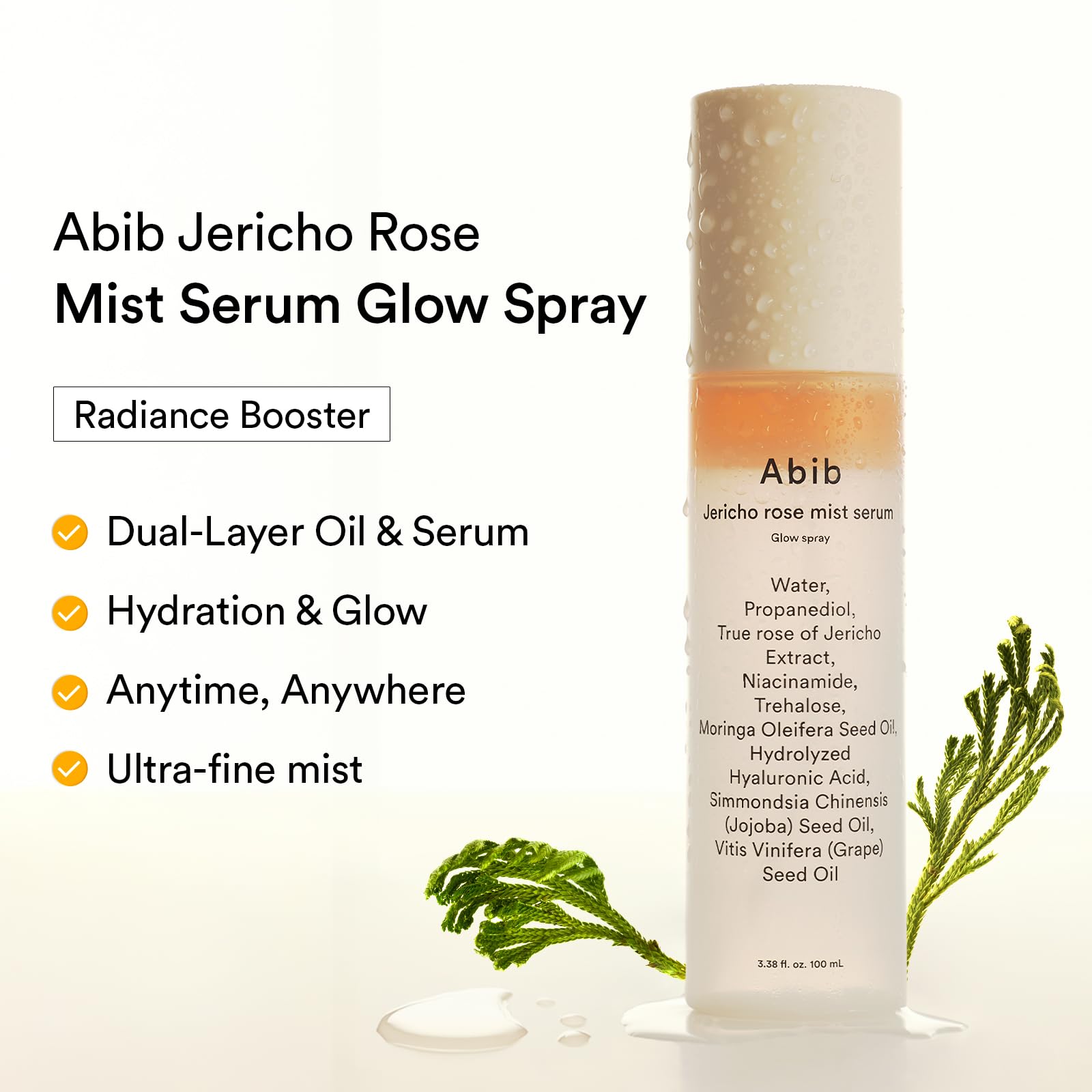 Suero Jericho Rose Mist, Glow Spray 3.38 fl oz I Botella de bruma hidratante esencial para rostro, cuerpo y rostro, potenciador de luminosidad, aceite y suero finos de doble capa, cuidado de la piel