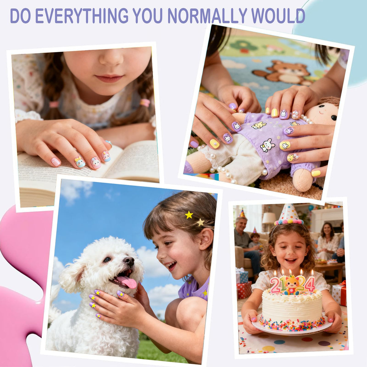 OPkssnails 96 uñas postizas para niños, 3 paquetes de uñas postizas ovaladas cortas con forma de flor para niñas adolescentes de 8 a 12 años, con lima y pulidor de uñas, 16