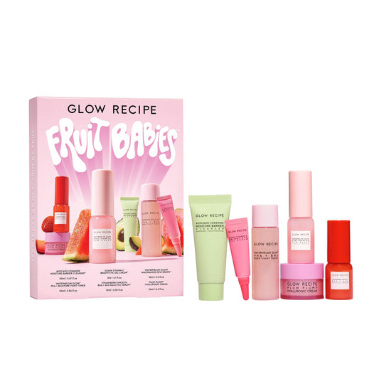 Glow Recipe Fruit Babies | Watermelon Glow Niacinamide Dew Drops 15ml, Avocado Ceramide Moisture Barrier 20ml, Watermelon Glow PHA + BHA Pore-Tight Toner 25ml, Guava Vitamin C Bright-Eye Gel Cream 3ml, Strawberry Smooth BHA + PHA Salicylic Serum 10ml, Plu