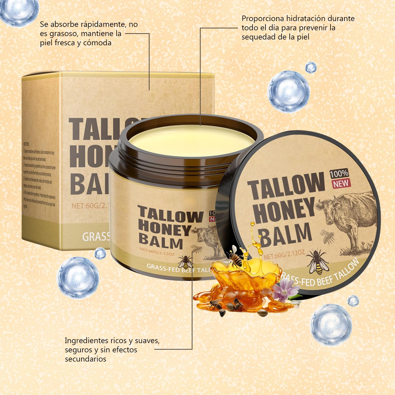 Bálsamo de miel de sebo y crema hidratante facial de mantequilla - Nutrición para rostro y cuerpo - 2 piezas
